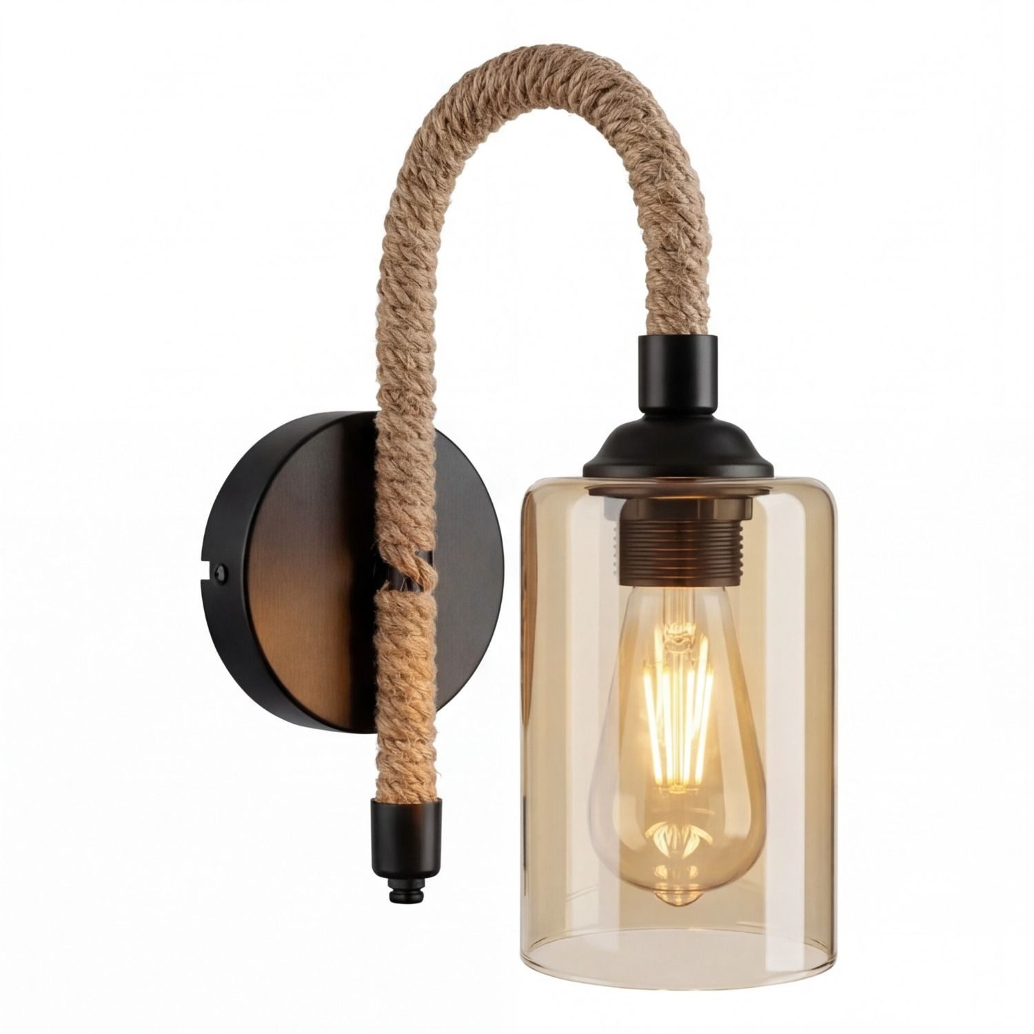 Licht-Erlebnisse Wandleuchte AHRENS, ohne Leuchtmittel, Rauchglas Jute Metall E27 31 cm hoch Schwarz Bernstein Natur Rustikal