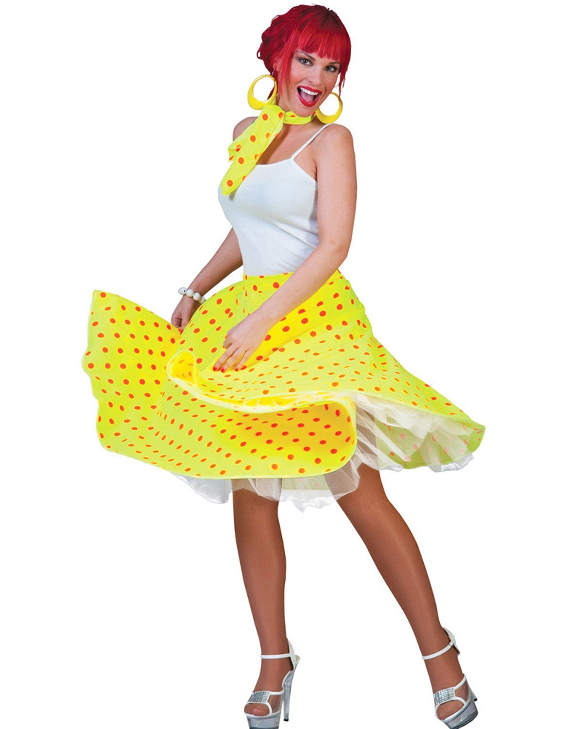 Funny Fashion Kostüm Fifties Punkte Tellerrock mit Halstuch, Gelb Oran