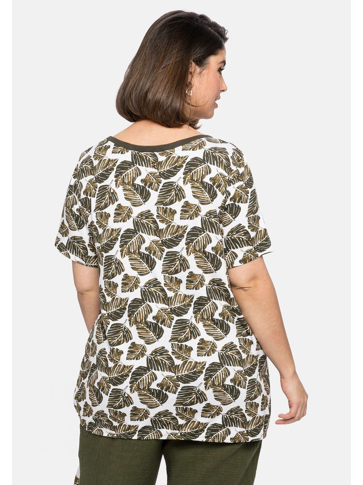 Große Knoten T-Shirt Sheego mit Größen und Blätterprint Saum offwhite am bedruckt