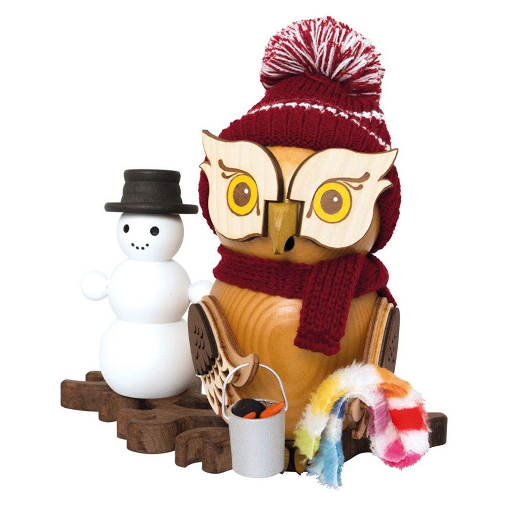 Kuhnert Фигурка курильщик Eule mit Schneemann - aus Holz gefertigt, Räucherfigur ca. 15cm für alle Anlässe - Made in Germany