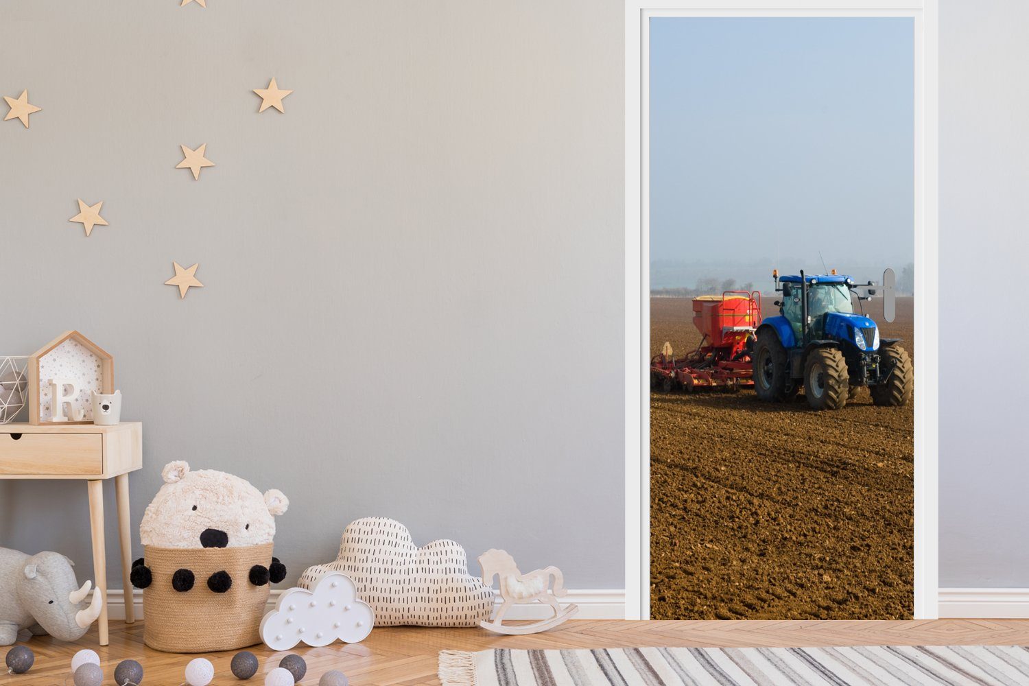 MuchoWow Türtapete Traktor 75x205 für (1 cm Tür, Blau - Fototapete Nebel, St), Türaufkleber, - Matt, bedruckt