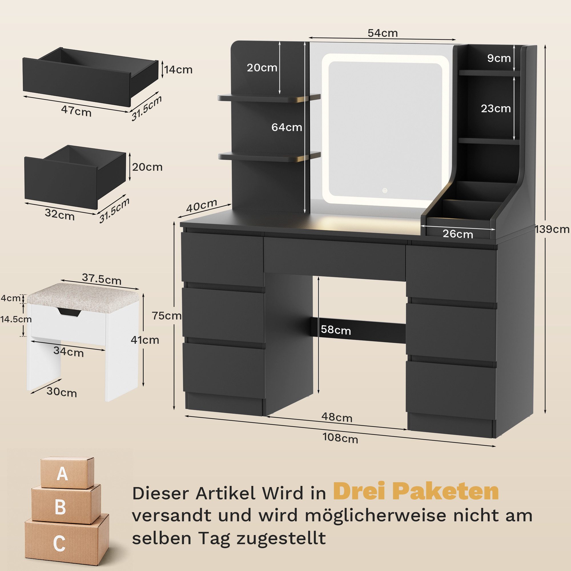 HOMALL Schminktisch LED-Spiegel, 7 Schubladen, 110 cm breit, Aufbewahrungshocker optional (Schminktisch mit dimmbarem LED-Spiegel (3 Farben), 7 Schubladen + 8 Fächer, 110×40×139 cm – 5 Farben (Schwarz/Rosa/Vintage/Weiß/Weiß Hochglanz), Hocker opt., E1-Platte), 110*40*139CM B/H/T