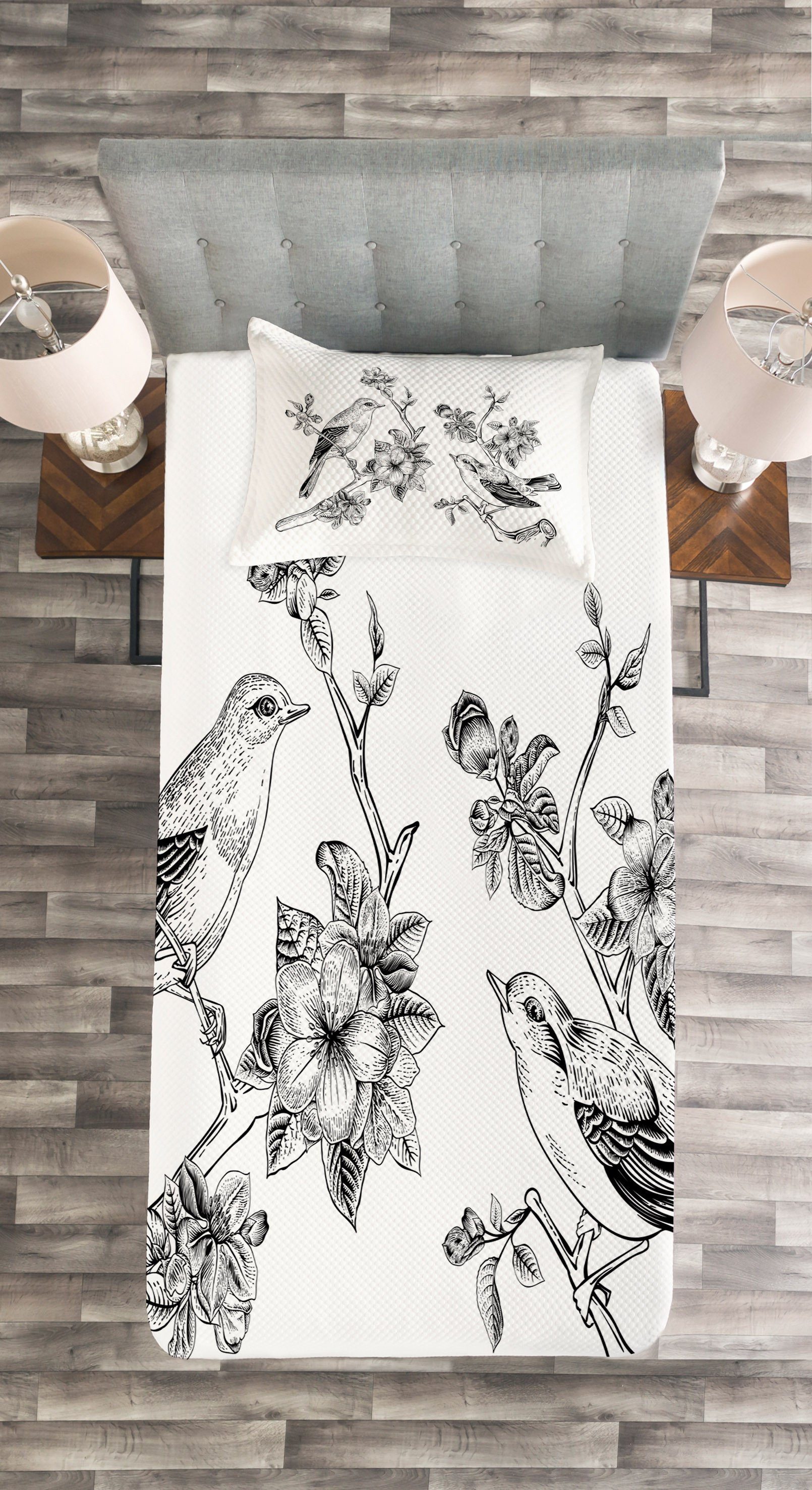 Tagesdecke Set Kissenbezügen Zweigen mit Vogel Botanik Abakuhaus, auf Waschbar, Vintage