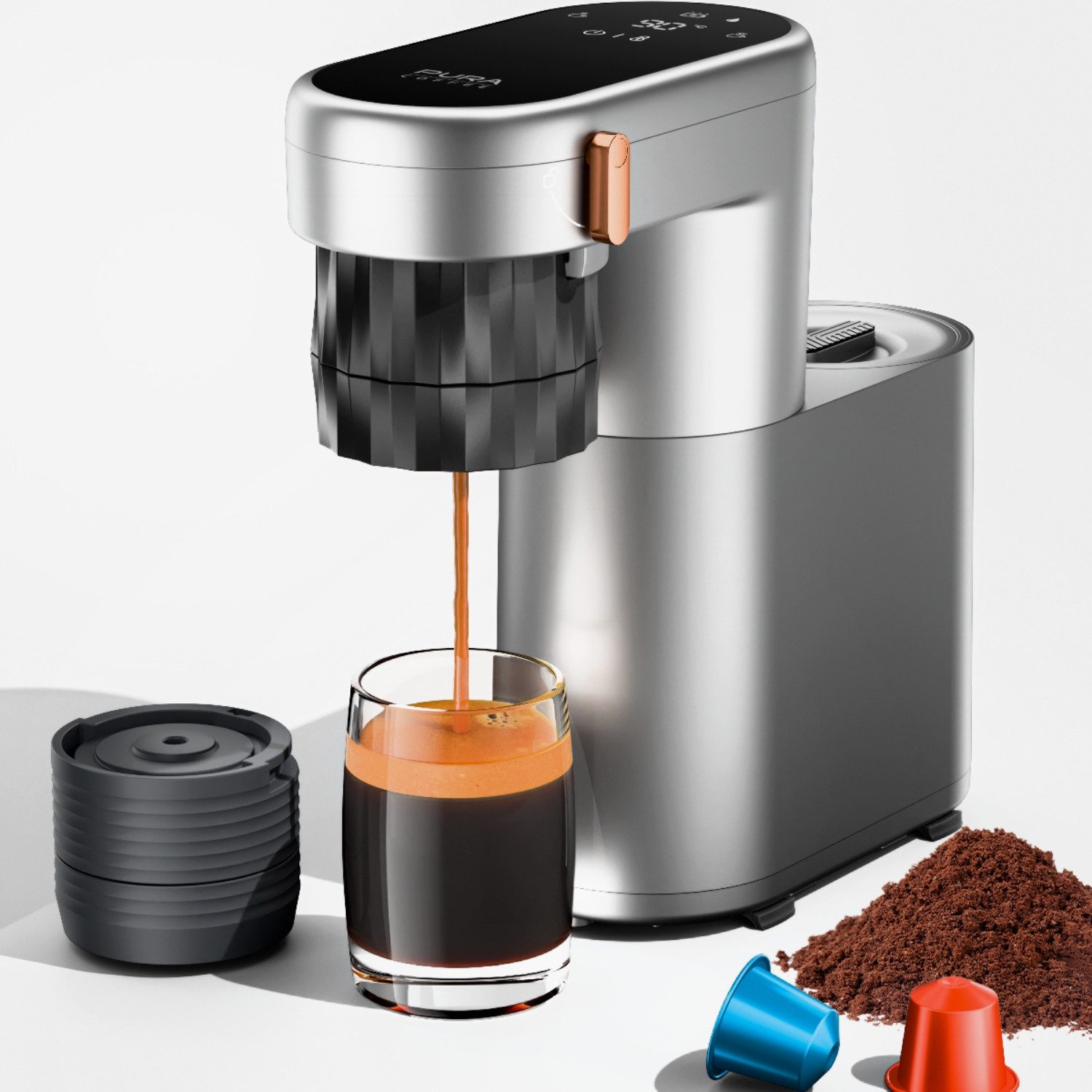 PURA COFFEE Kapselmaschine C1 Pro, 2-in-1 Reisekaffeemaschine Kompatibel mit Nespresso-Kapseln und gemahlenem Kaffee, 20Bar, Sofortheizung, Tragbar und Wiederaufladbar, Geeignet für Camping, Zuhause und Büro