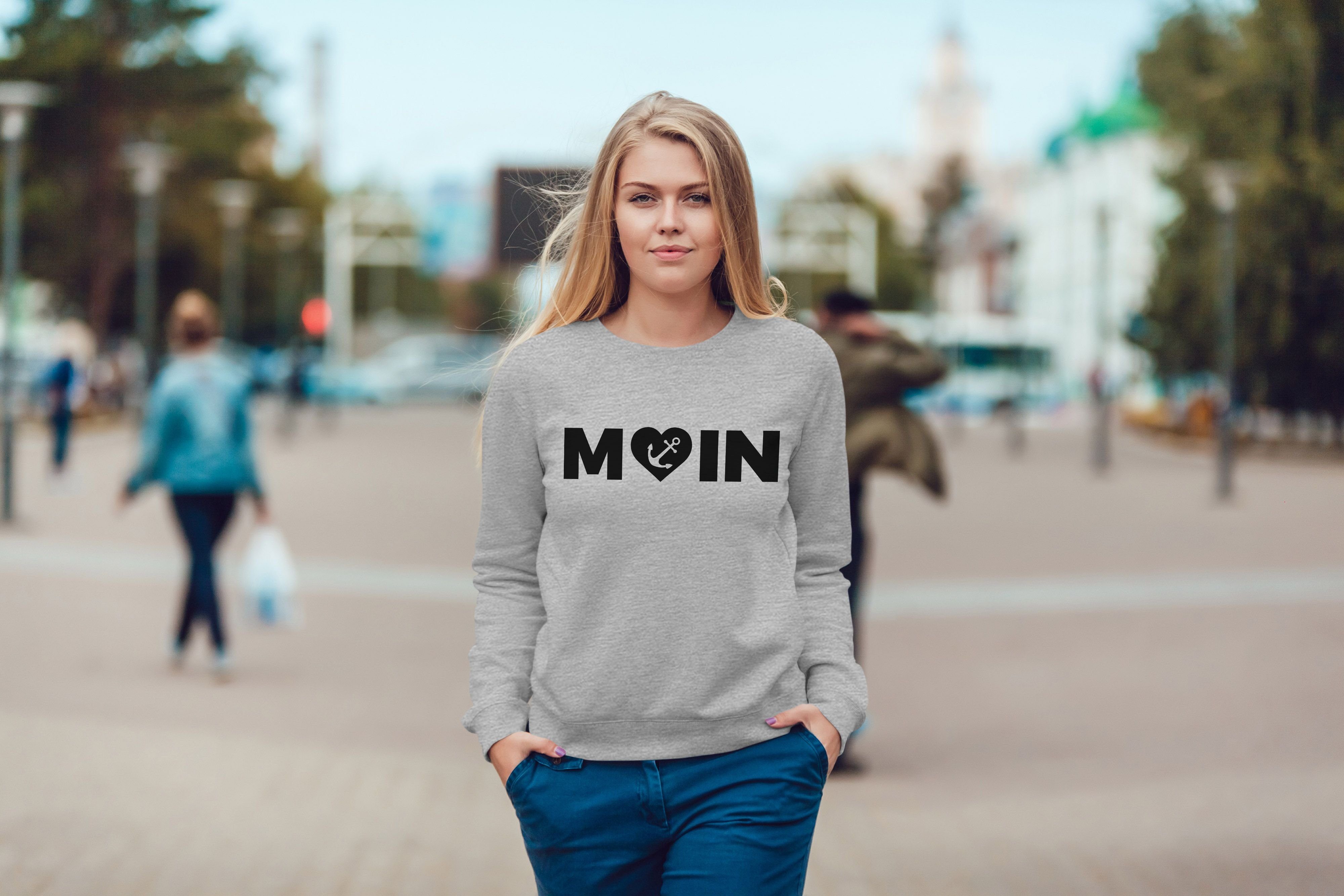 Herz Aufdruck Pulli Sweatshirt Rundhals-Pullover Damen mit Sweatshirt Moonworks® grau Moin Sweater Anker MoonWorks