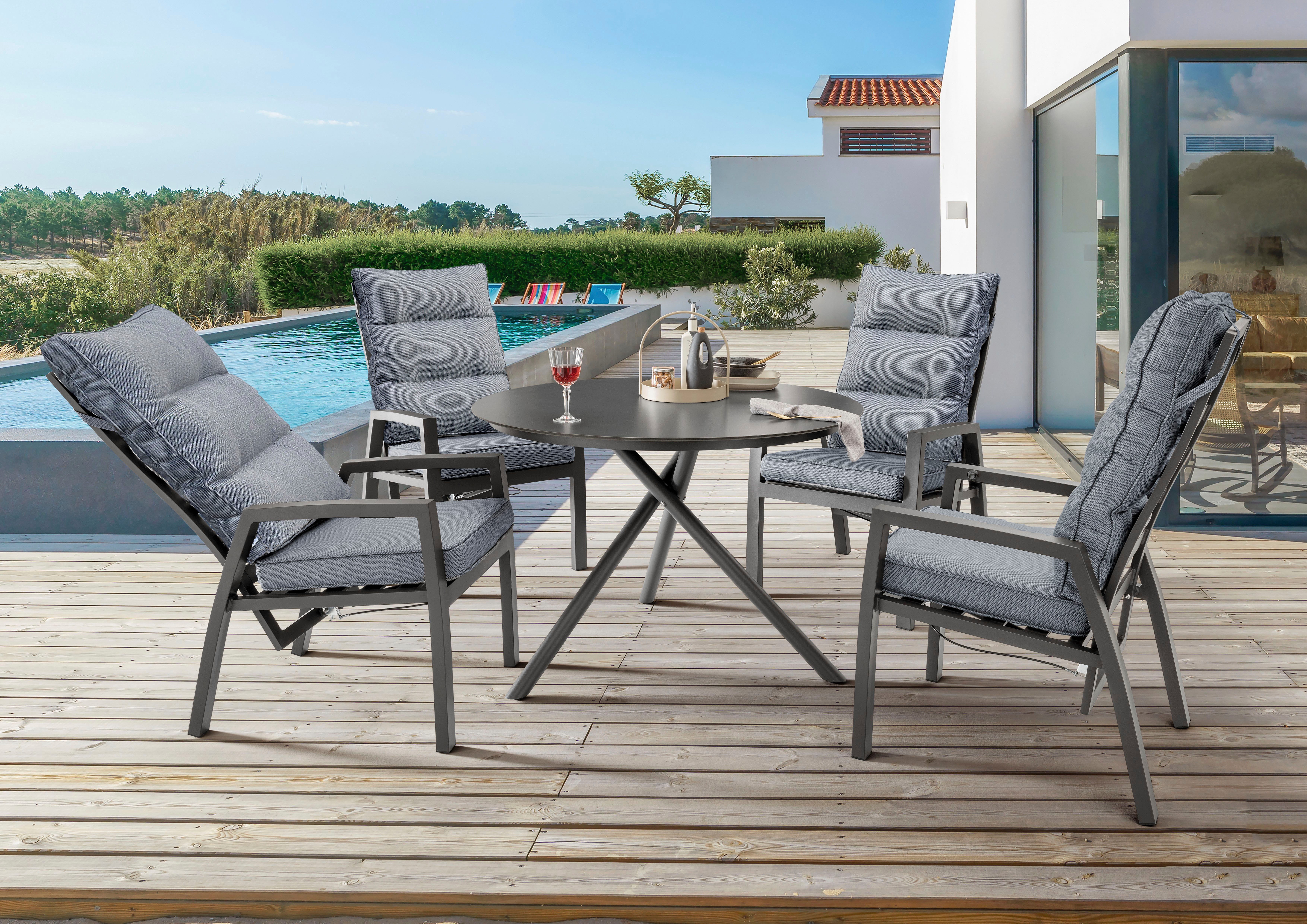 Destiny Garten-Essgruppe GARDA BARLETTA 4 HL + Tisch Ø110 cm, anthrazit, (Set, 9-tlg., 4 Hochlehner stufenlos verstellbar, inkl. Polster, 1 Tisch), Aluminium, HPL