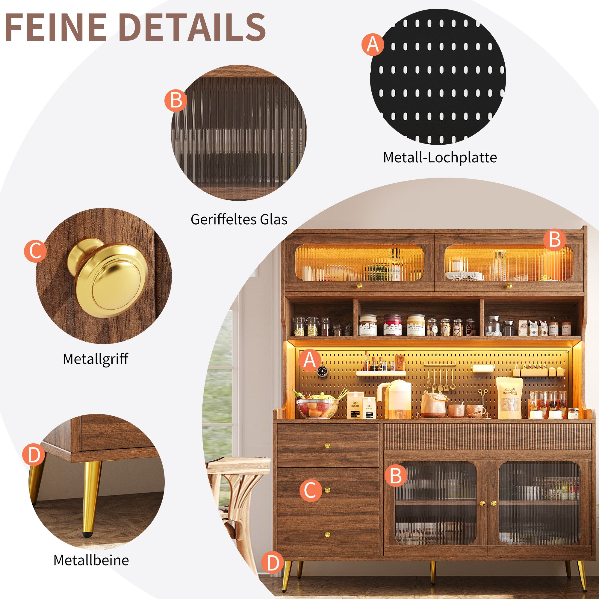 Odikalo Küchenbuffet Küchenschrank Buffetschrank mit LED (mit LED-Beleuchtung & App, Schmaler Hochschrank für Küche & Wohnzimmer, Stilsicherer Aufbewahrungsschr – Bild 3 von 5