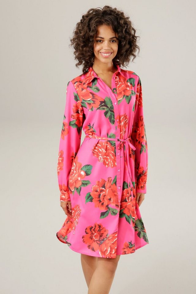 Aniston Bindegürtel) Blusenkleid CASUAL abnehmbarem großflächigem Blumendruck mit (mit