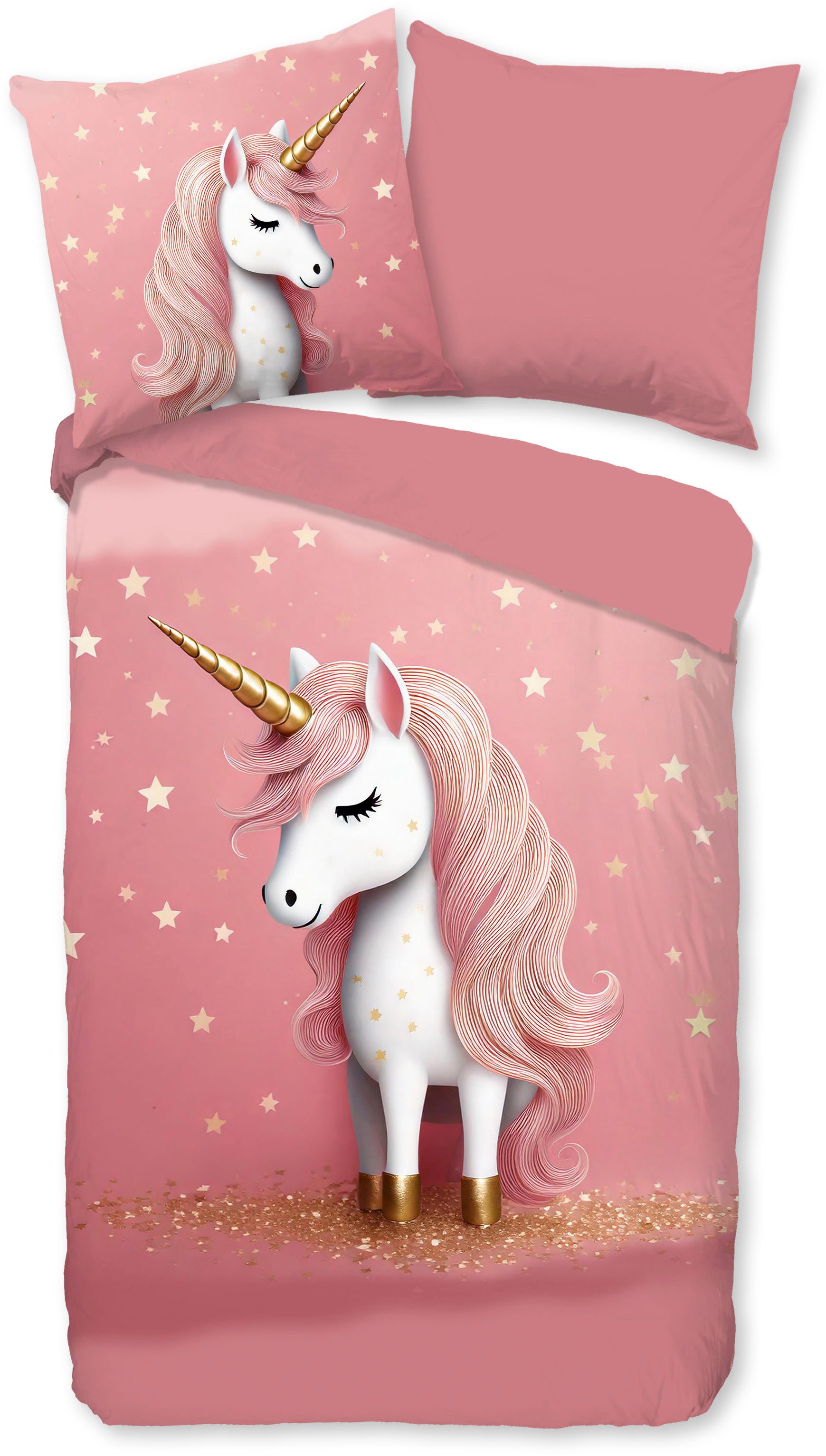 PURE luxury collection Kinderbettwäsche Sparkles, Microfaser, 2 teilig, Mikrofaser, 135x200, 2 Teilig, Wendeoptik, Mädchen, Einhorn, Rosa