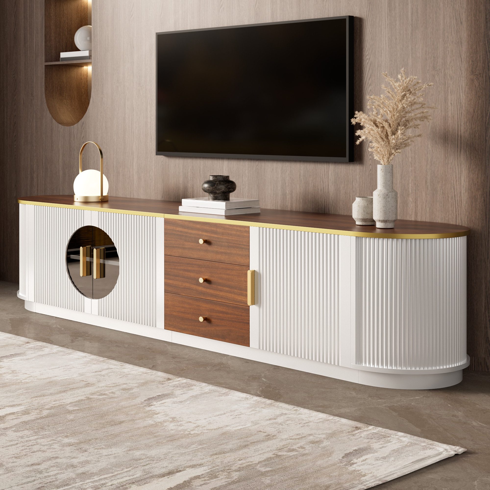 Merax Lowboard mit braunem Glas, Wellenfront & Kabelmanagement (180 x 40 x 46 cm, 1 St), TV-Schrank mit 3 Türen, 3 Schubladen & Aluminiumgriffe