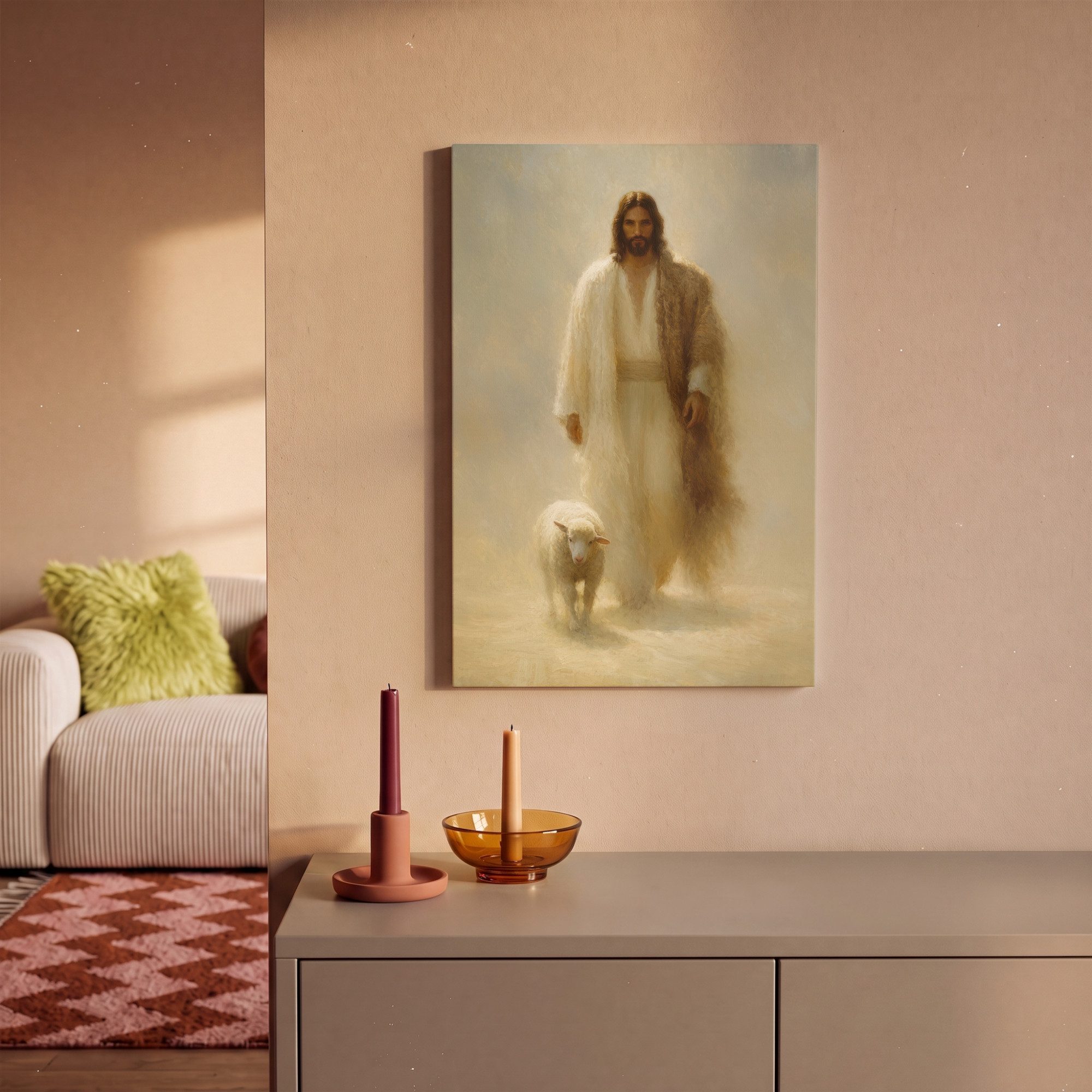 OneMillionCanvasses® Leinwandbild Schaf - Jesus - Pinselstriche - Abstrakt, Fotodruck (1 St), Leinwand Canvas Wandbild, Wanddekoration 20x30 cm – Bild 2 von 5