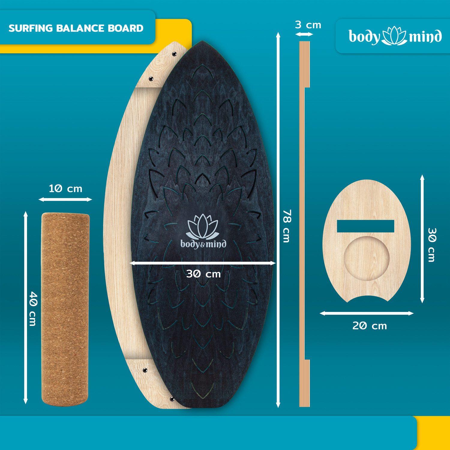 Body & Mind Balanceboard Surf Balance Board – Holz Wackelbrett mit Korkrolle + Ständer & E‑Book, Trainiert Gleichgewicht & Koordination