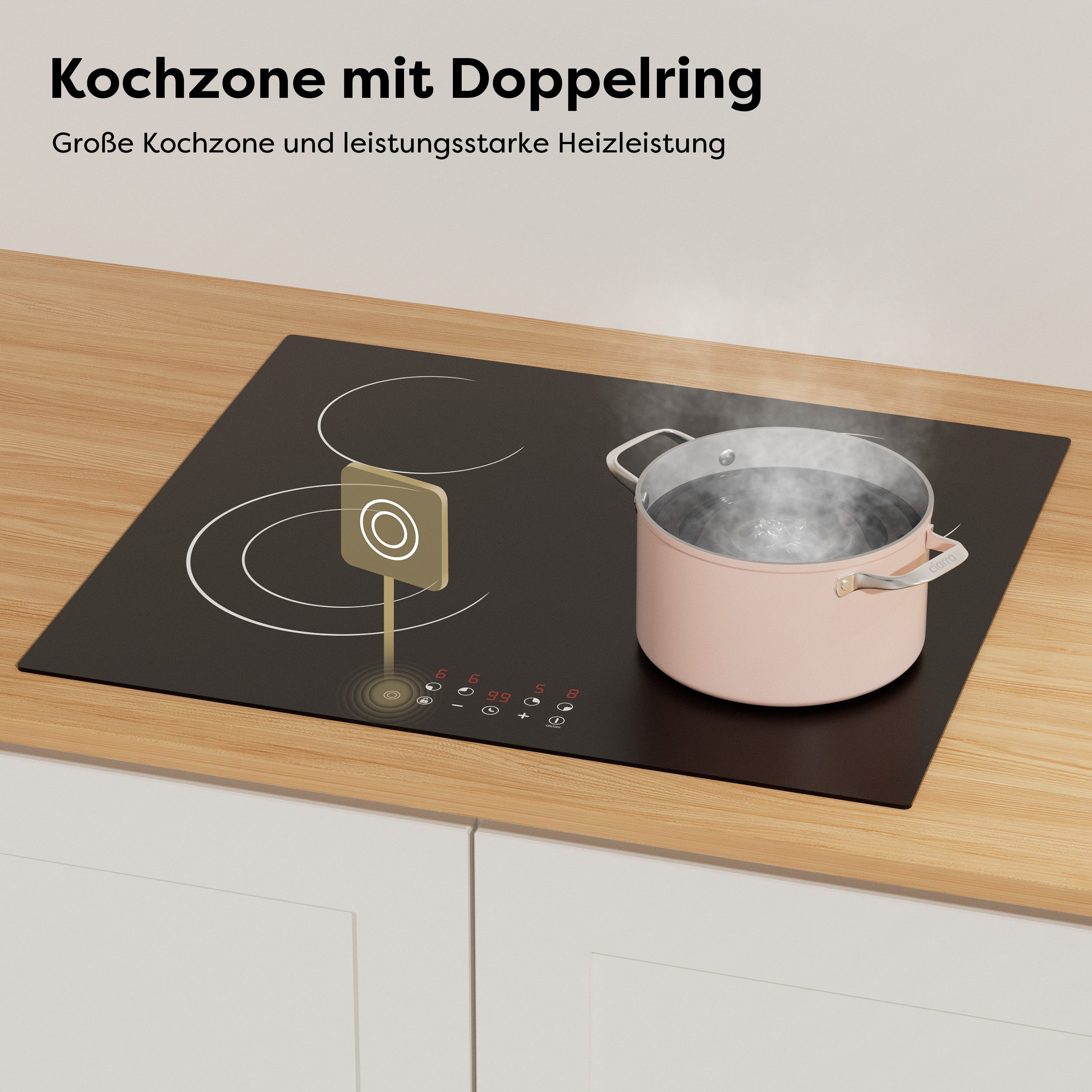 CDV Elektro-Kochfeld 59 cm 2 Doppel-Ring Cerankochfeld 4 Zonen CDVER66BB, Einbau Ceran-Kochfeld 9 Stufen, Touch Control mit Timer 6600 W