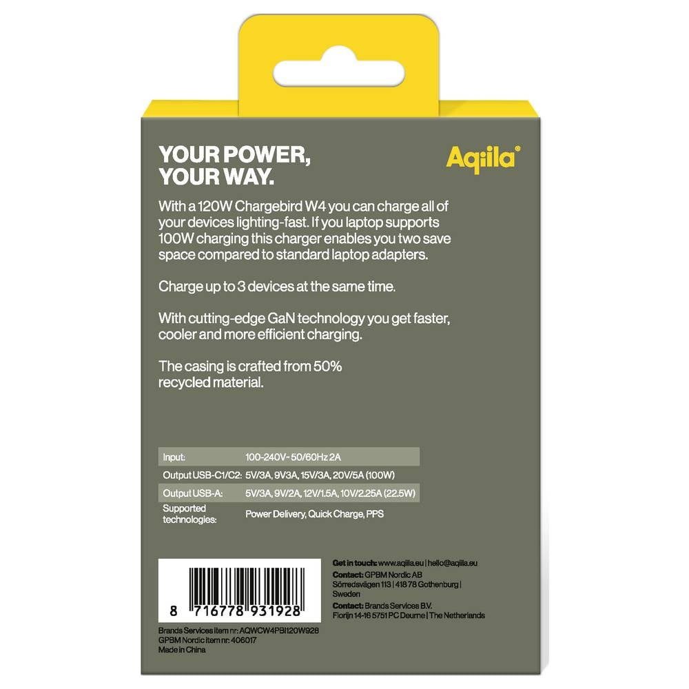 Aqiila UCB-C GaN Steckerlader 120W 2x USB-C 1x USB-A (lädt auch USB-Ladegerät