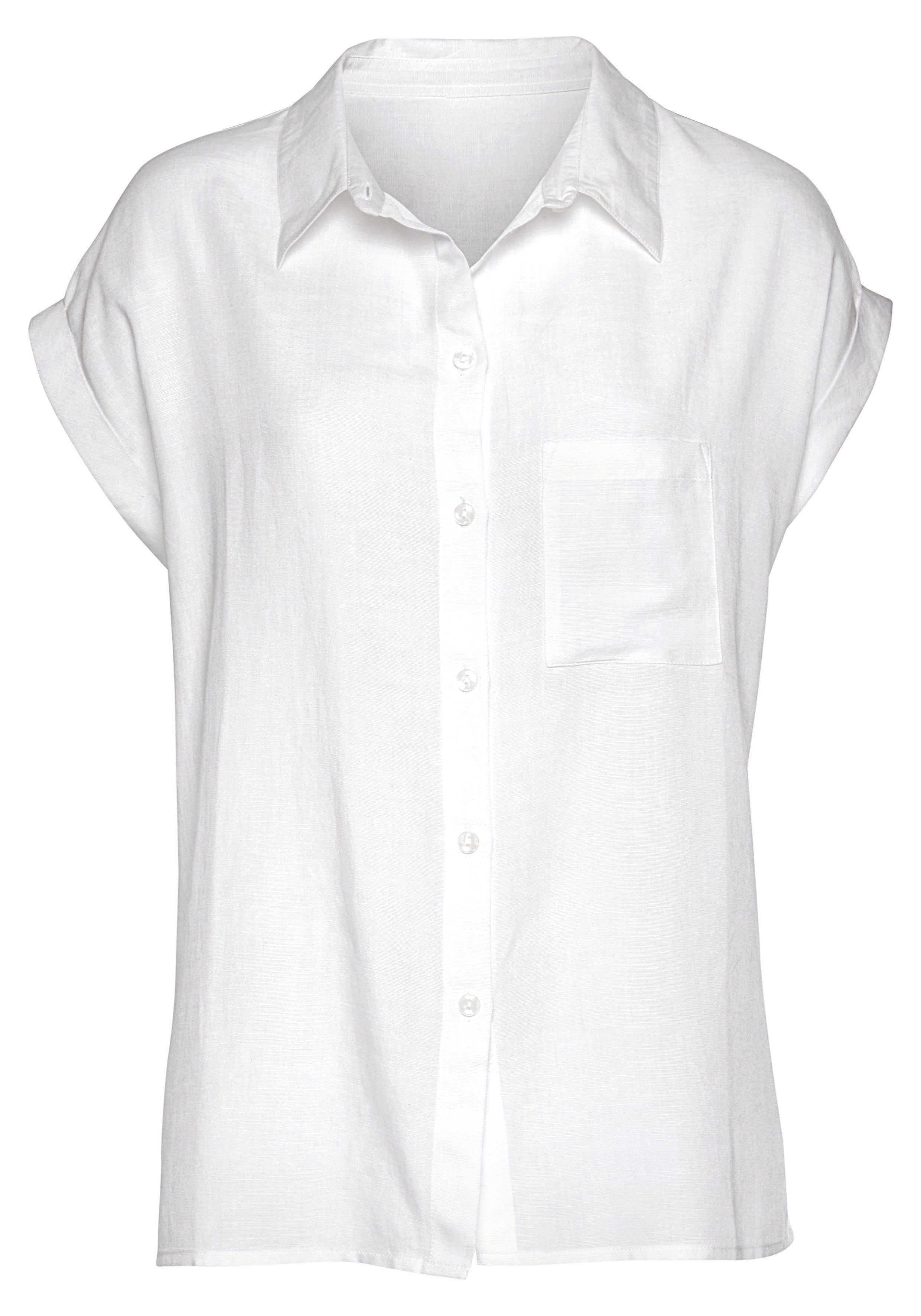 Leinenmix LASCANA Hemdbluse Leinenbluse, mit aus weiß Knopfleiste, Kurzarmbluse