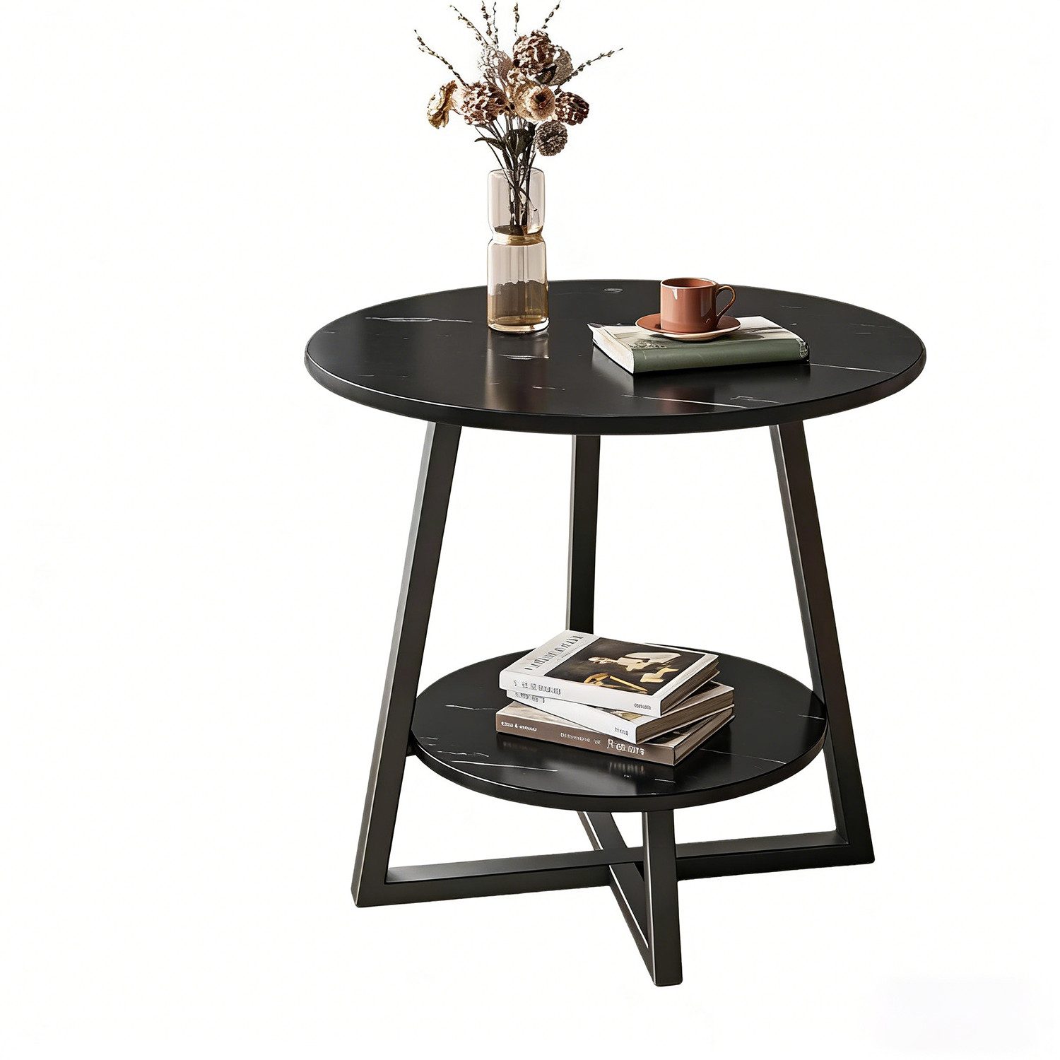 Refined Living Beistelltisch Couchtisch rund Sofatisch runde Beistelltische aus Holz & Metall (2 Ebenen Sofa Table Side Table Kaffee Couch Nachttisch Rund Schwarz, Kompakt Kollisionsschutz Moderne Kaffeetische Balkontisch Gartentisch), Mini-Tisch für Balkon, Büro, Wohnzimmer, Schlafzimmer und Eckzimmer