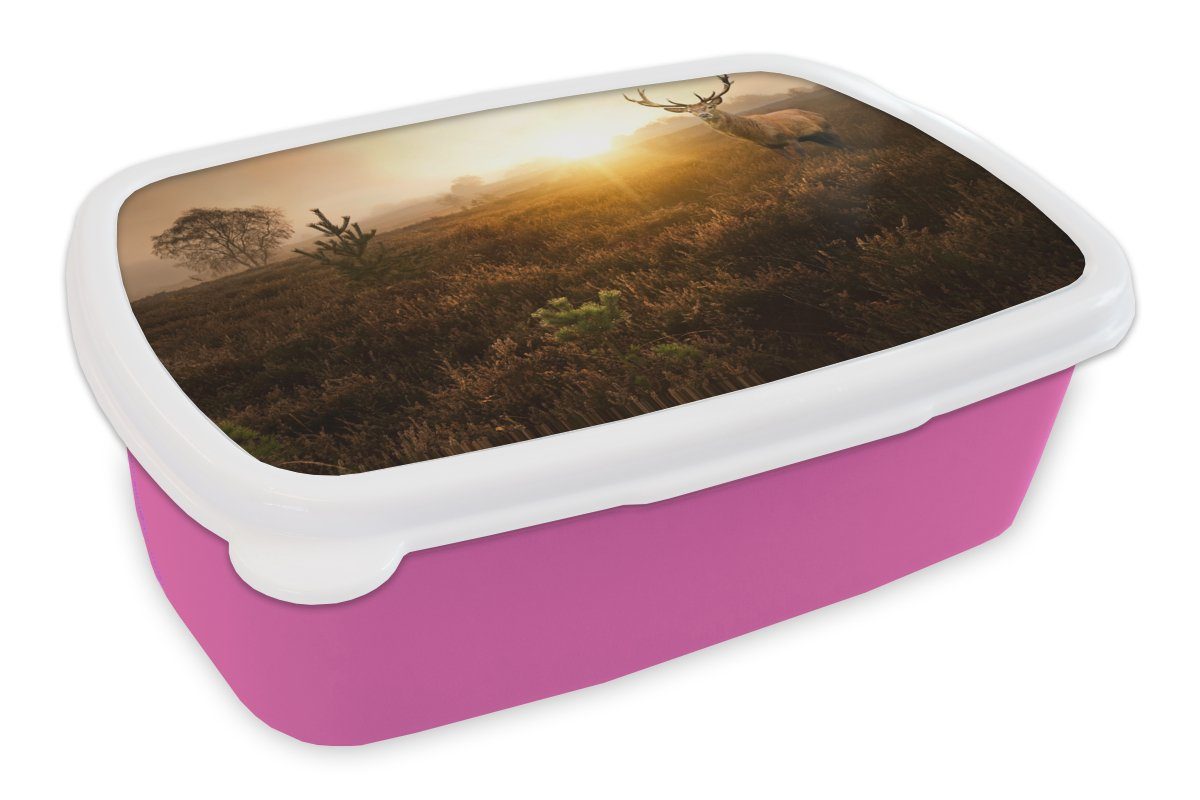 MuchoWow Lunchbox Hirsche - Nebel - Sonnenuntergang, Kunststoff, (2-tlg), Brotbox für Erwachsene, Brotdose Kinder, Snackbox, Mädchen, Kunststoff rosa