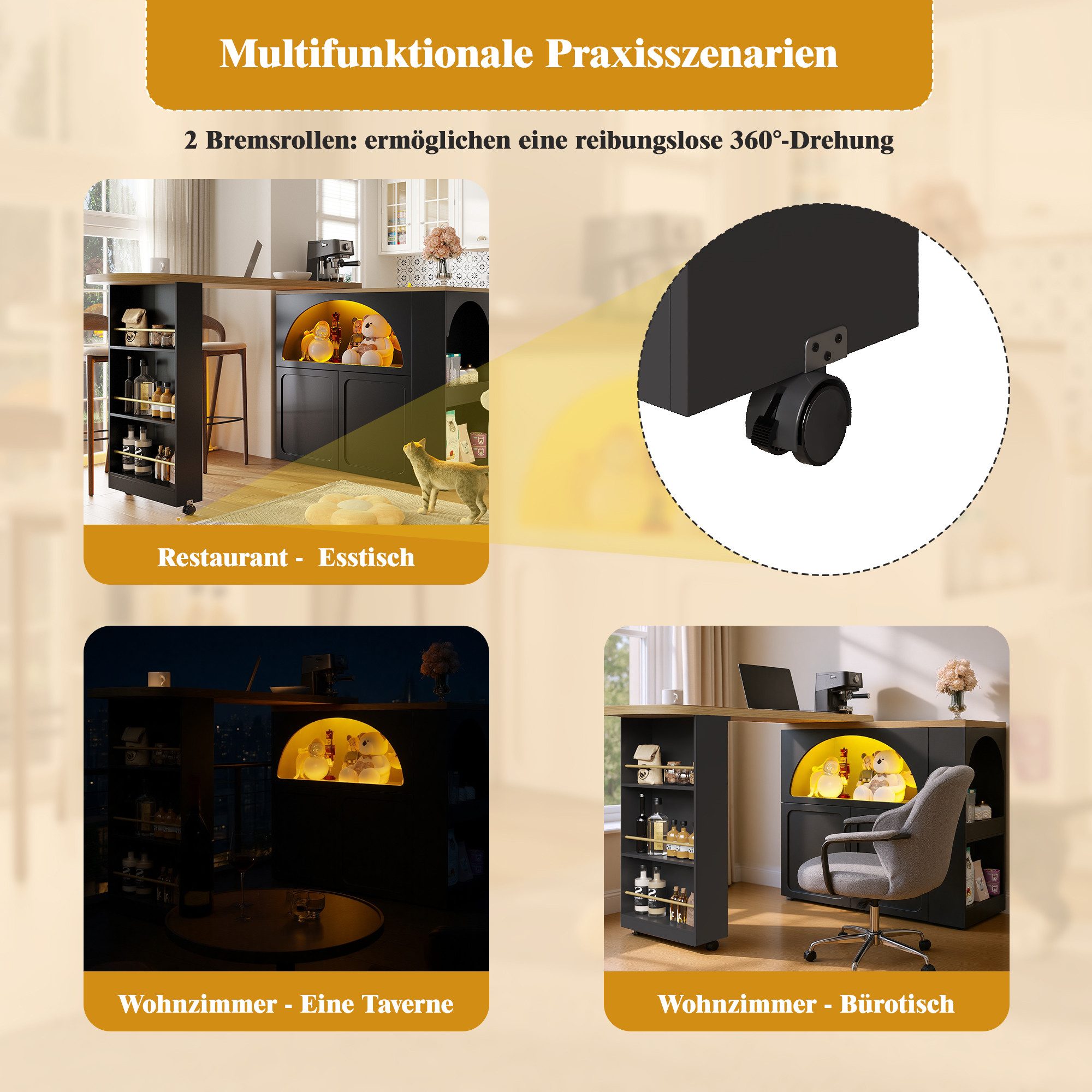 i@home Bartisch ausziehbarer Kücheninsel mit Stauraum(135-205×39×100cm) (1 Tisch), Teleskopischer Bartisch mit LED Hochtisch Kücheninsel, schwarz/weiß – Bild 5 von 5