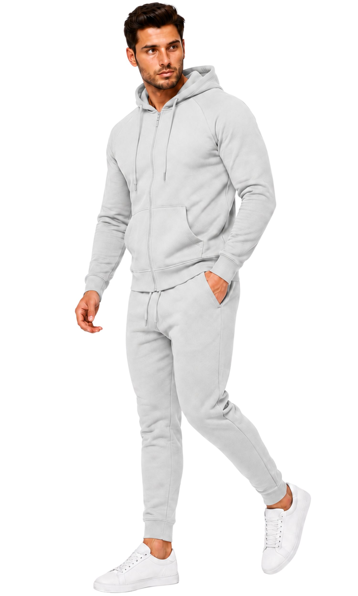 L.gonline Freizeitanzug Herren Jogginganzug einfarbig 100% BW 586 Grau XL (Kapuzenjacke mit Reißverschluss, Hose, 2-tlg), Fitness Freizeit Casual