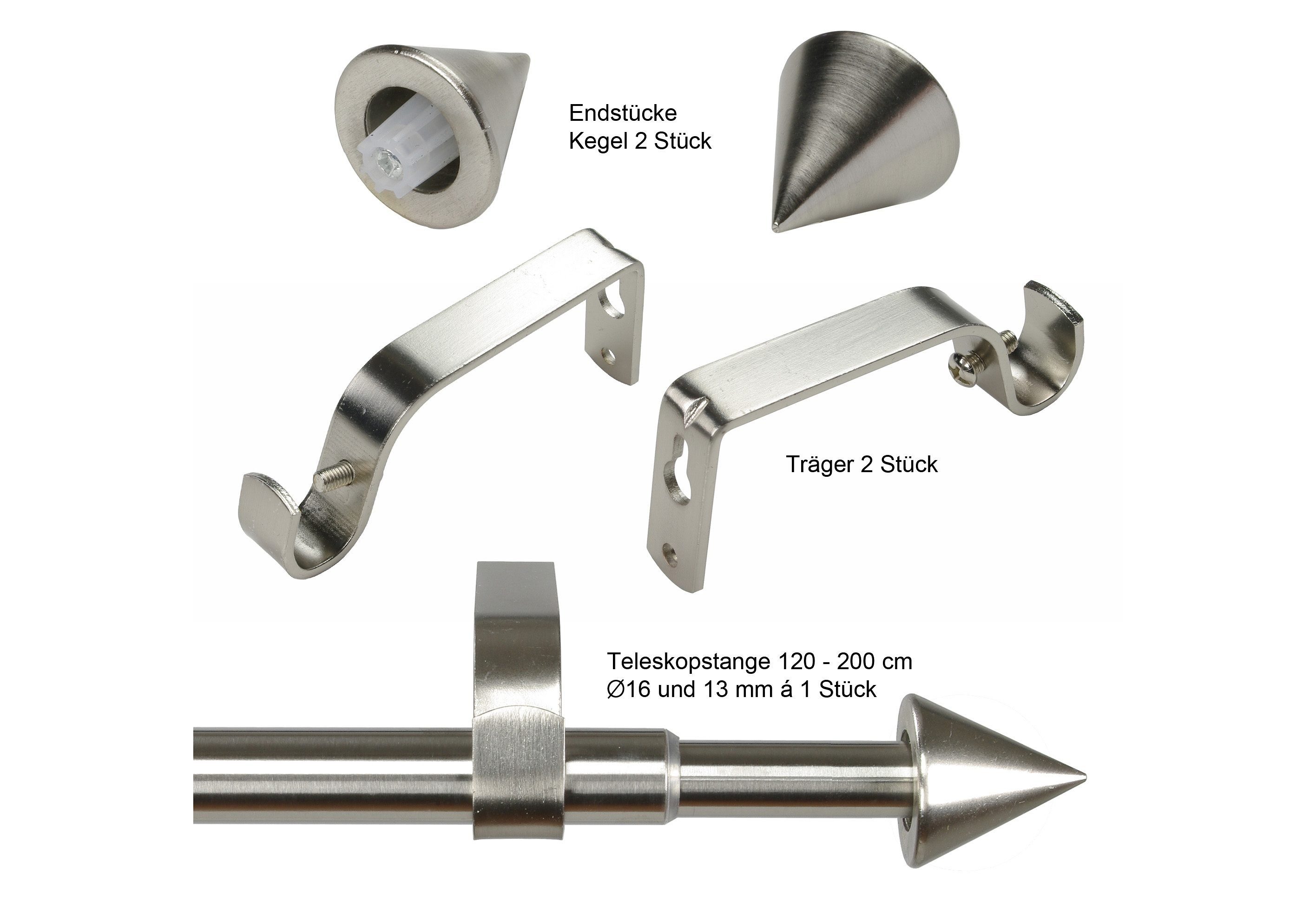 Gardinenstange Kegel Ã˜ 16/13 mm, Liedeco, Ø 16 mm, 1-läufig, ausziehbar,  mit Bohren, verschraubt, edelstahlfarben