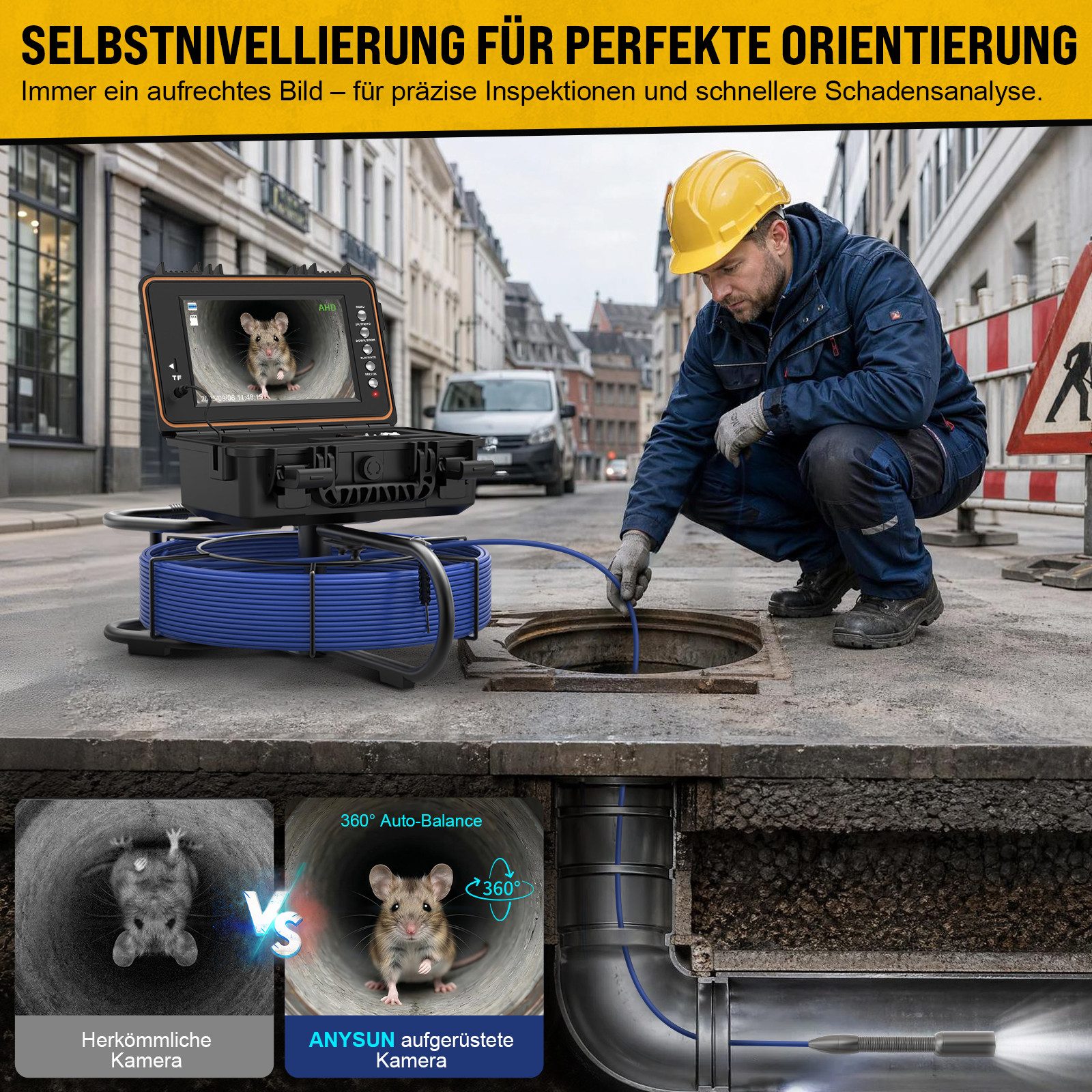 ANYSUN Selbstnivellierende 1080P Endoskopkamera mit 9-Zoll IPS-Bildschirm Inspektionskamera (HD, Endoskop, Ladegerat, Anschlusskabel, mit Selbstnivellierung & 5100mAh wiederaufladbarer Batterie)