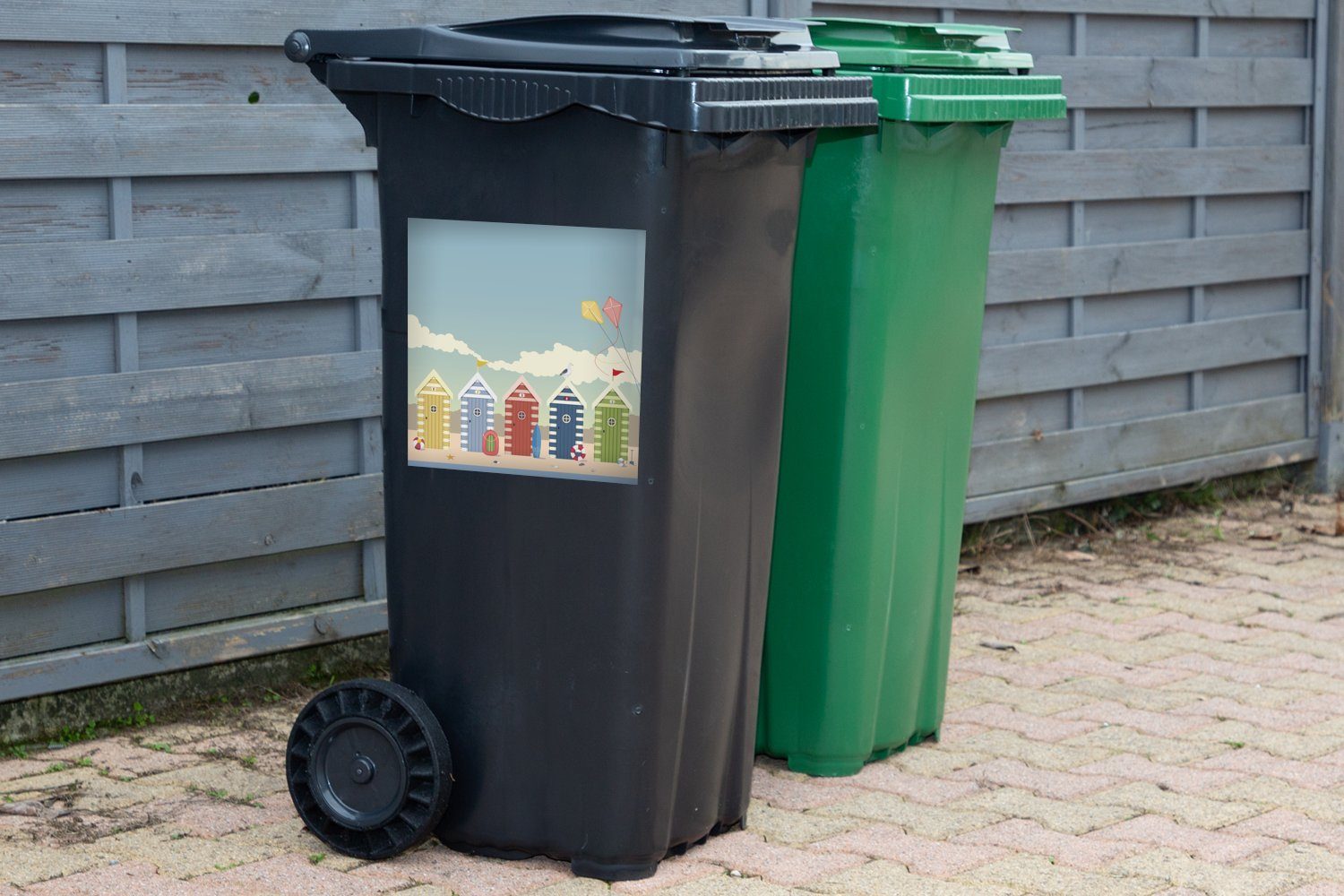 MuchoWow Wandsticker Eine Illustration Container, Strandhäusern von St), (1 Mülleimer-aufkleber, Mülltonne, Abfalbehälter Sticker, farbigen