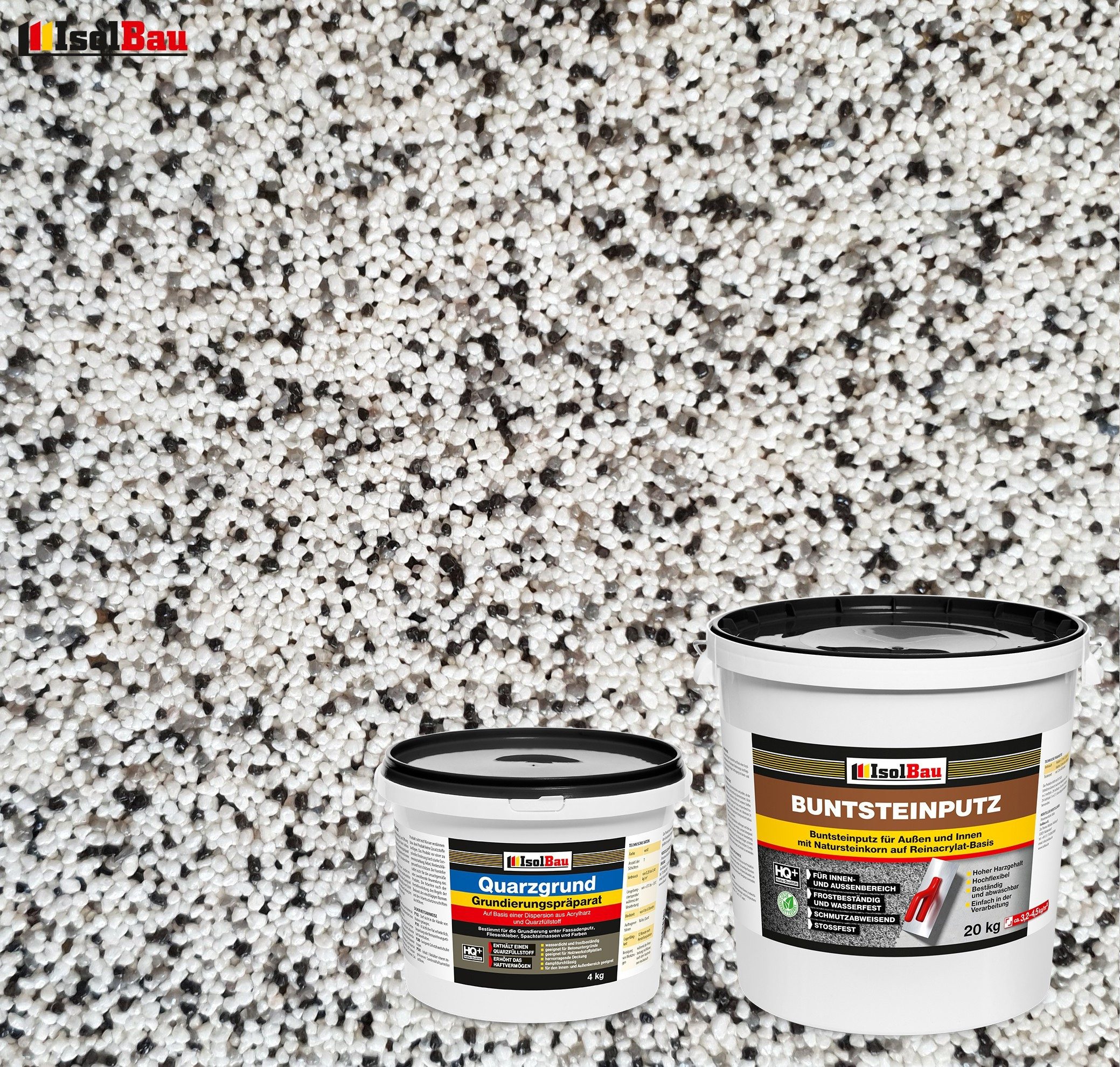 None Gipsputz Set Mosaikputz 20 kg Buntsteinputz BP10 Fertigputz + Quarzgrund 4 kg Körnung 1,8 mm; Trocknung 12–48h; Verbrauch 3,2–4,5 kg/m²