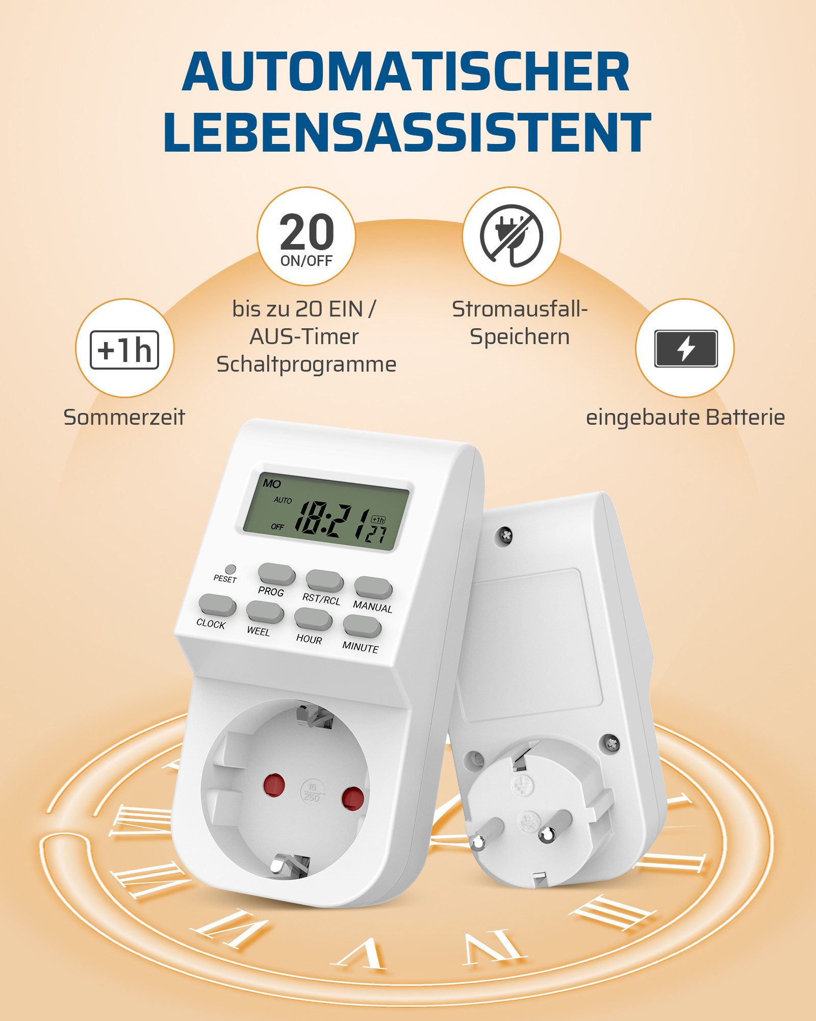 DEWENWILS Zeitschaltuhr Digitale Zeitschaltuhr Steckdose für Beleuchtung, Kaffeemaschine, digital, 2er Set, LCD-Display