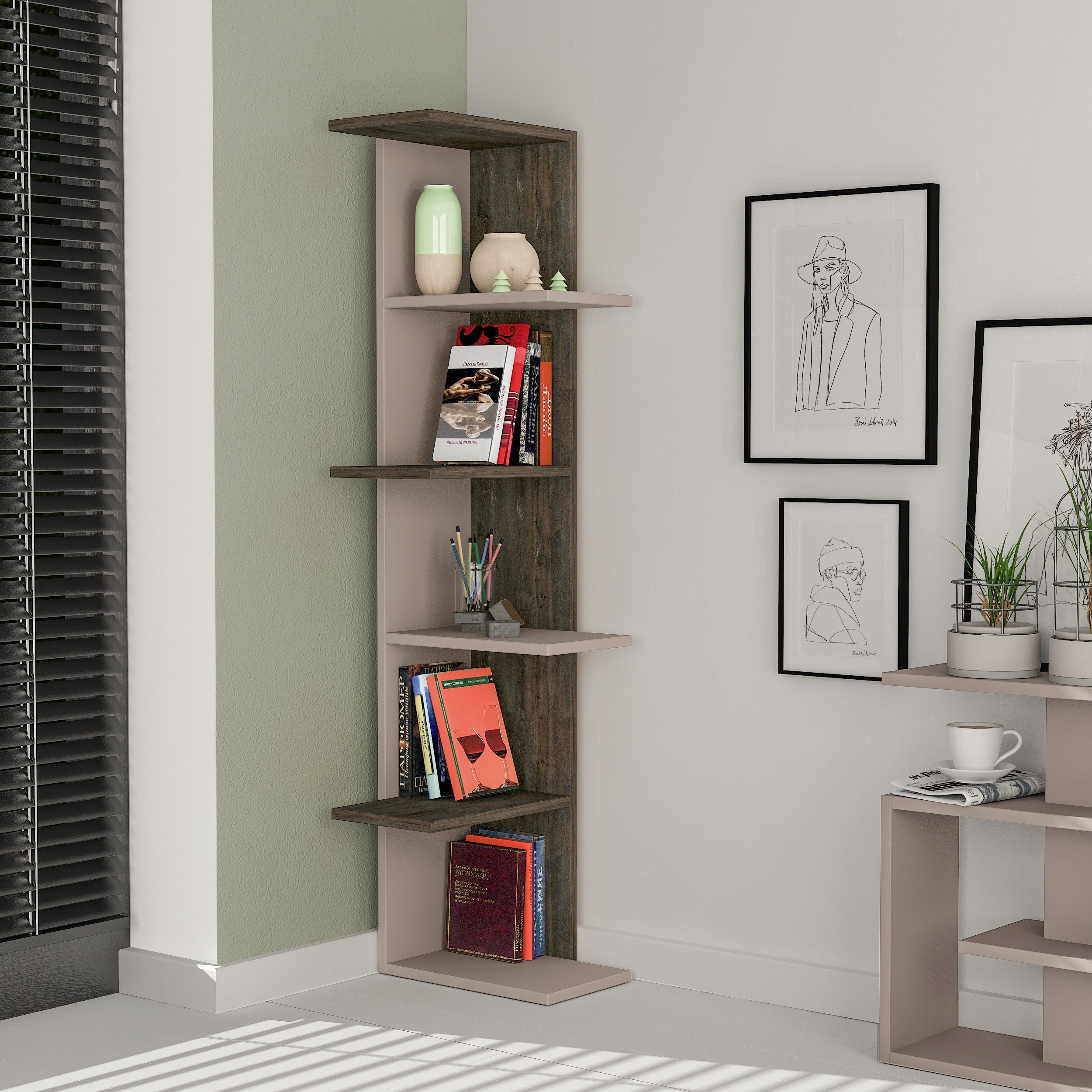 Decortie Bücherregal Saso Modernes Eck-Bücherregal, 37 x 24 x 141 cm, Modernes Eck-Bücherregal, 37 x 24 x 141 cm
