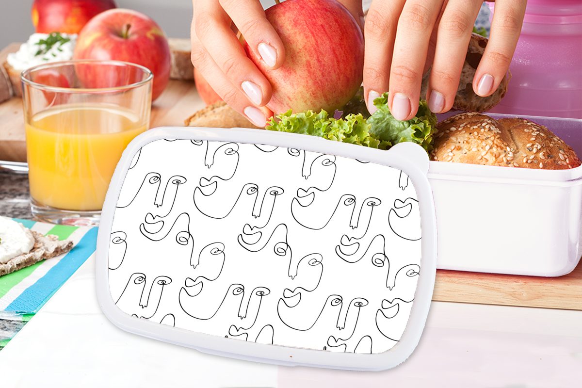 MuchoWow Lunchbox Strichzeichnungen - Gesicht Kunststoff, Muster, weiß Mädchen Kinder Brotbox - für für Jungs und Brotdose, Erwachsene, (2-tlg), und