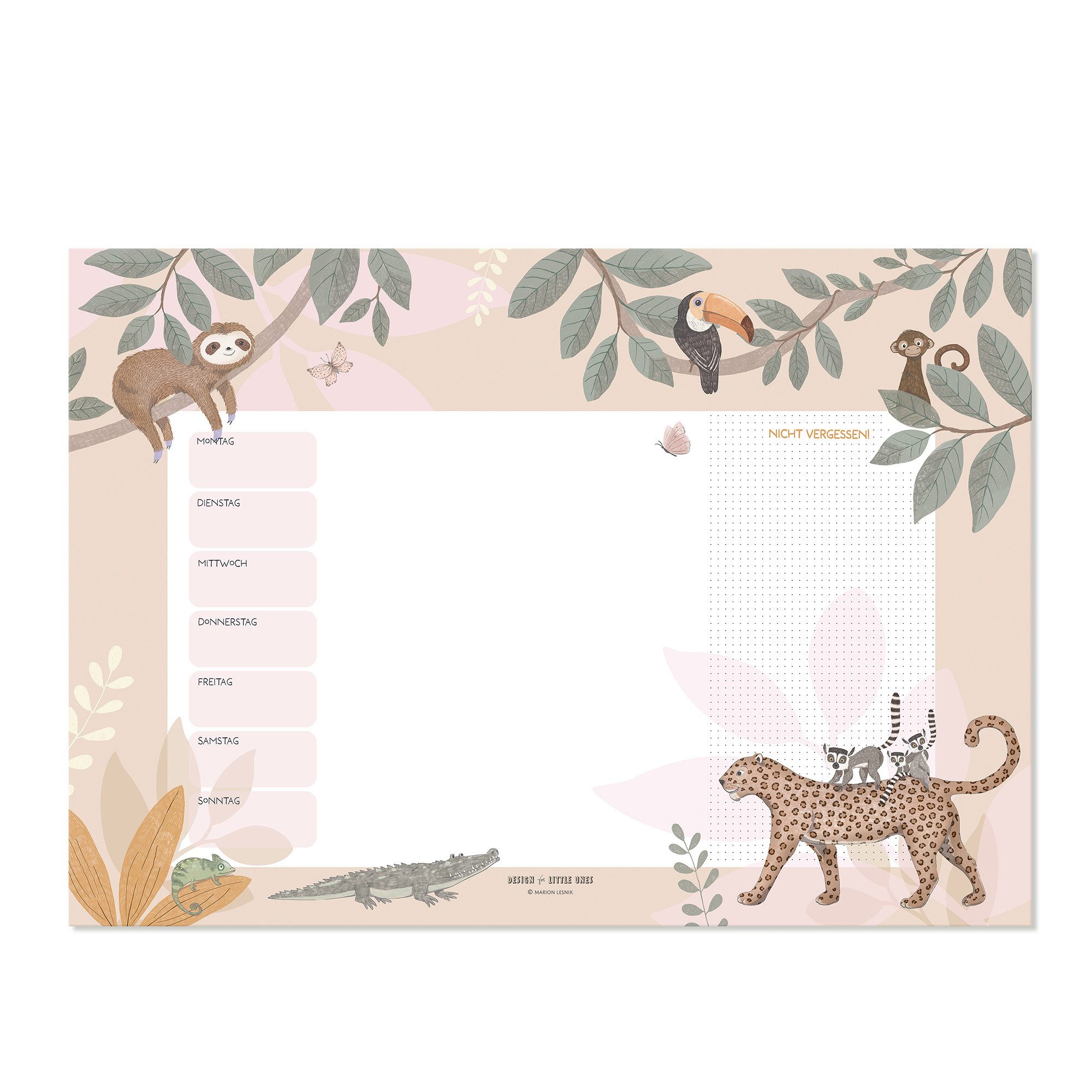 scriptum Schreibtischunterlage für Kinder - „Dschungeltiere rosa“ - Wochenplaner aus Premiumpapier, (1 tlg., 25 Blatt hochwertiges Premiumpapier)