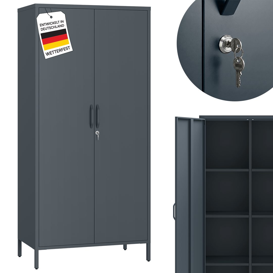 STEELSØN Geräteschrank Menkent aus Metall mit Doppeltür & Schloss (anthrazit, Outdoor Schrank) wetterfest & rostfrei, mit 2 Schlüsseln, mit verstellbaren Fächern