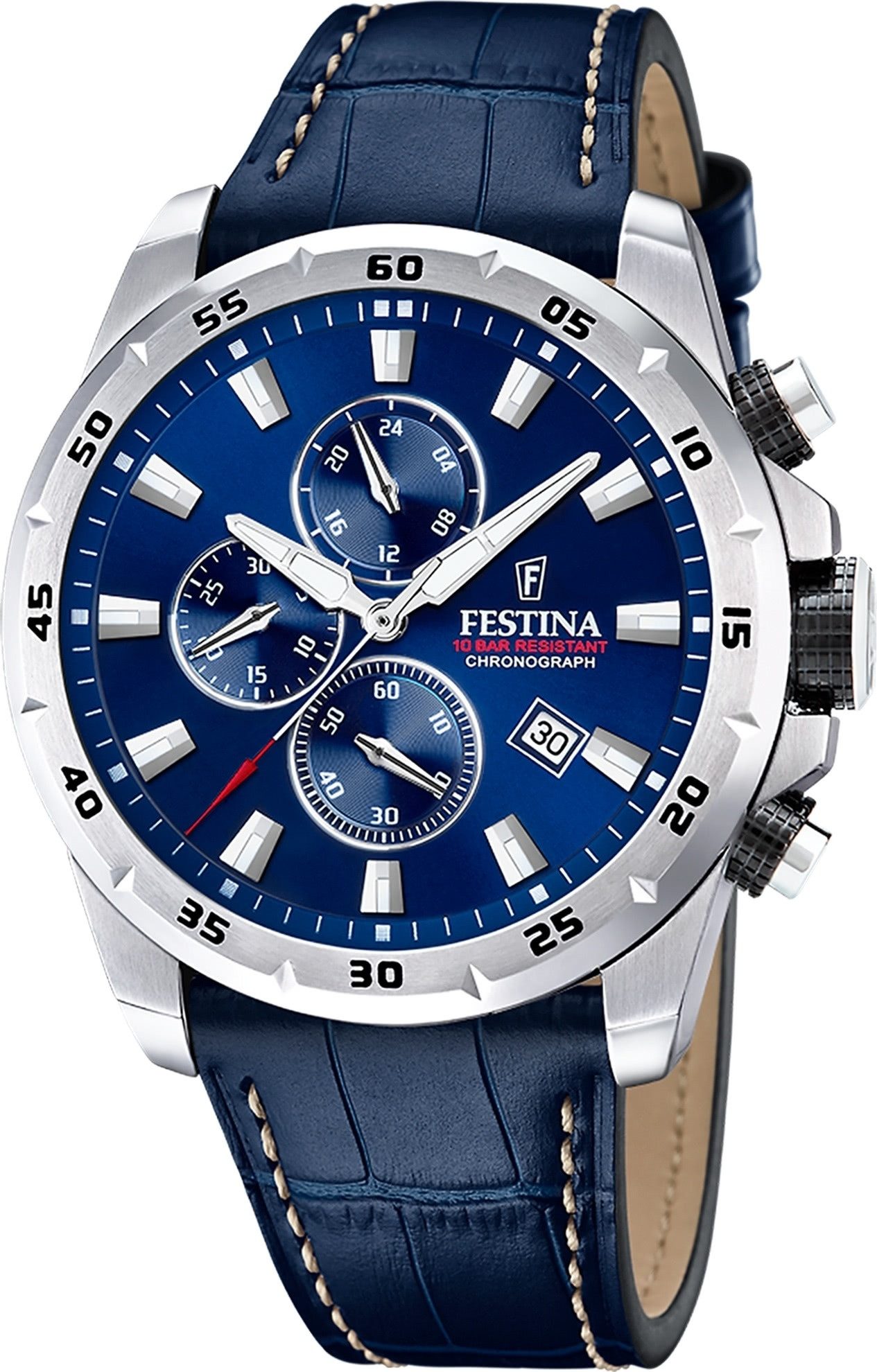 Festina Chronograph Festina Herrenuhr Leder blau Festina, (Chronograph), Herren Armbanduhr rund, Lederarmband blau, Elegant