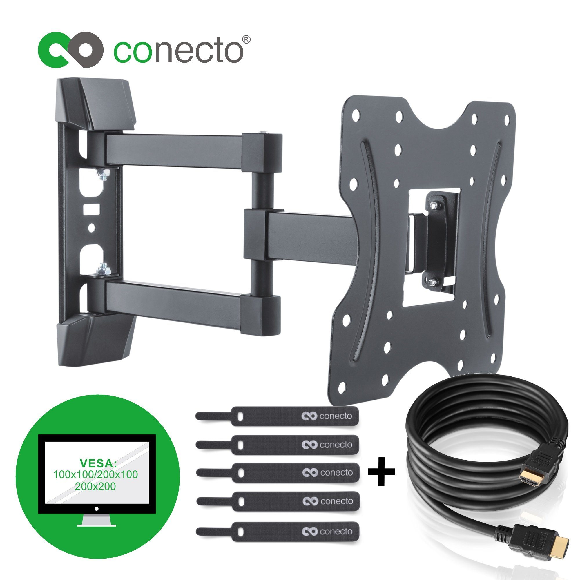 conecto TV-Wandhalterung TV Wandhalter für LCD LED Fernseher & Monitor, (bis 42 Zoll, inklusive HDMI-Kabel und Klett-Kabelbinder, neigbar, schwenkbar)
