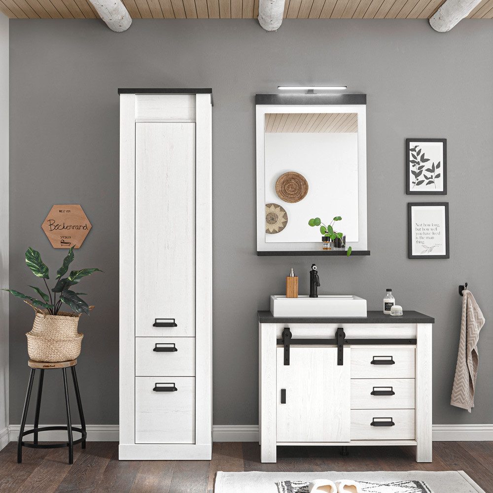 Lomadox Badmöbel-Set SHELTON-61, (Spar-Set, 3-St), Badmöbel Set in Pinie weiß Nb. mit anthrazit, B/H/T: 166/210/43 cm