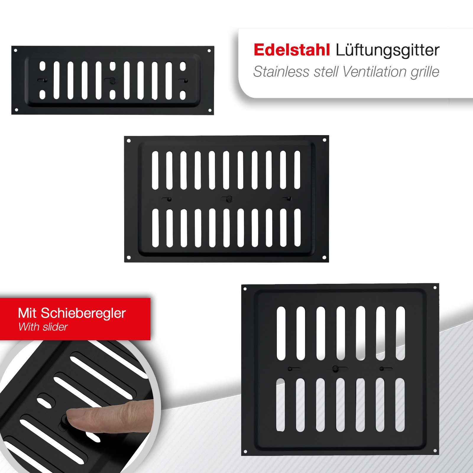 SO-TECH® Lüftungsgitter Belüftungsgitter mit Schiebeverschluss verschließbar (1 St), Edelstahl SS304 schwarz, 260 x 240 mm, Schlitzlochung oval