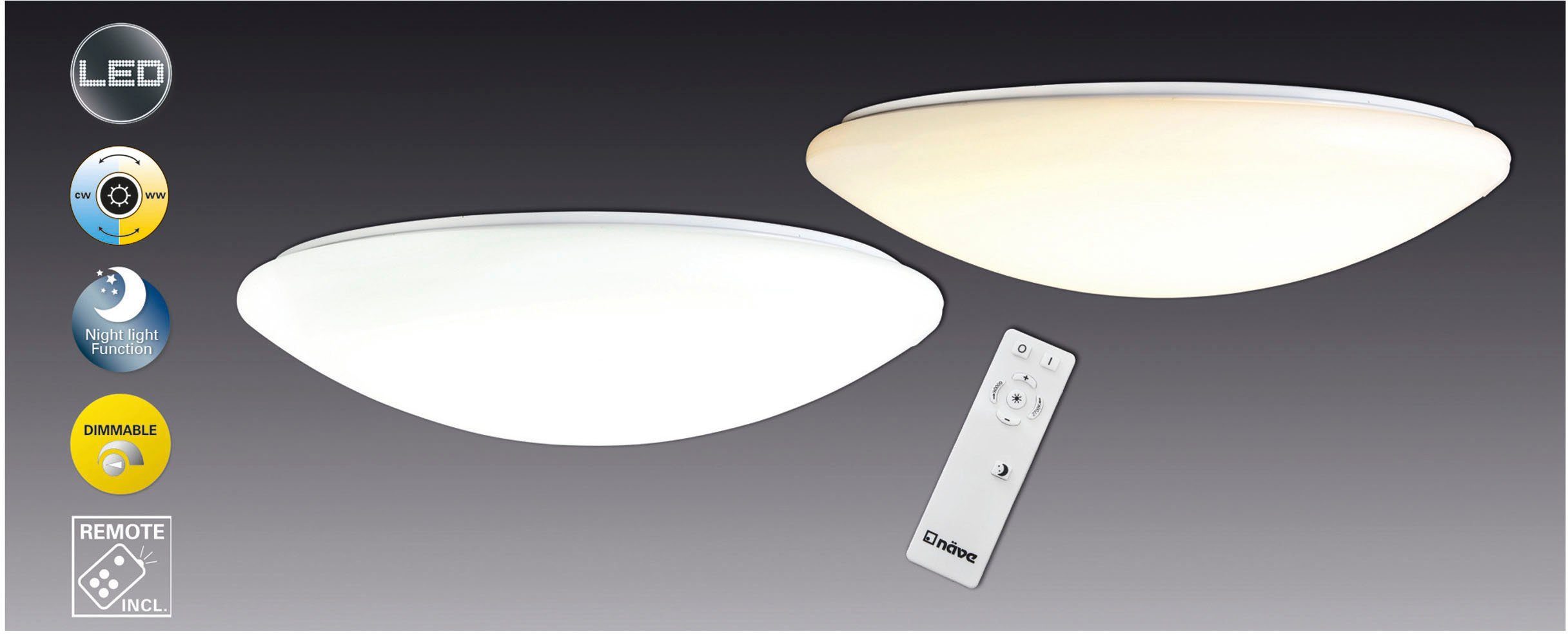 näve LED Deckenleuchte Sydney, Dimmfunktion, Memoryfunktion, Nachtlichtfunktion, LED wechselbar, warmweiß - kaltweiß, dimmbar, …