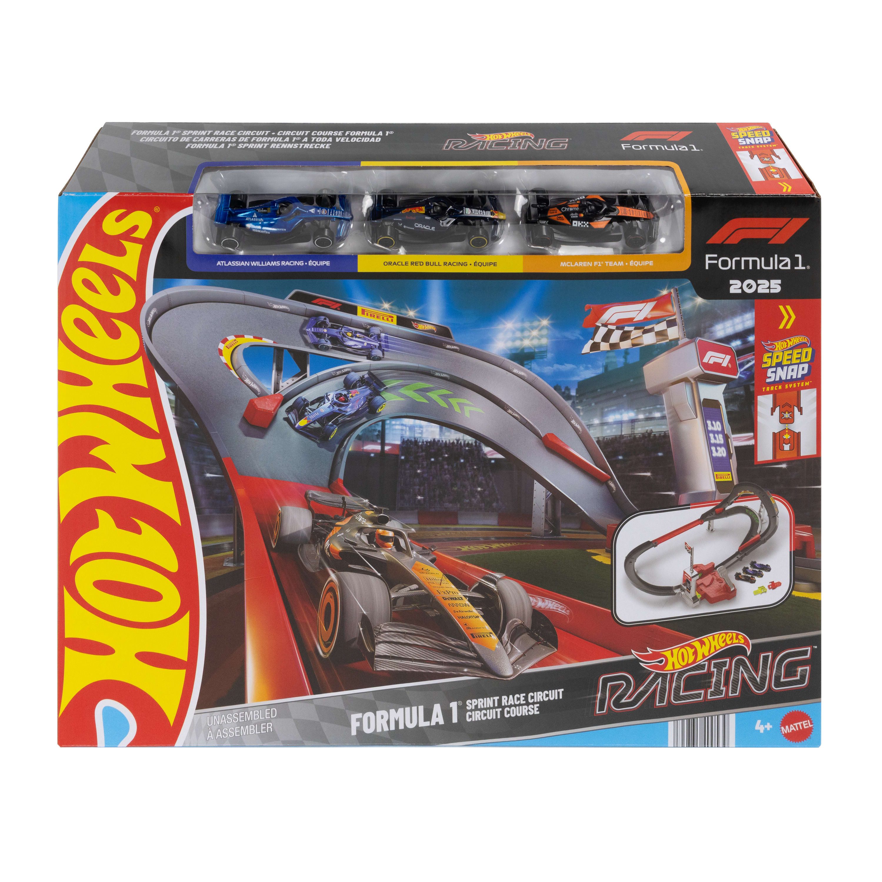 Hot Wheels Autorennbahn Racing Formel-1-Rennstrecke-Trackset, mit 3 Die-Cast-Spielzeugautos im Maßstab 1:64 – Bild 4 von 4