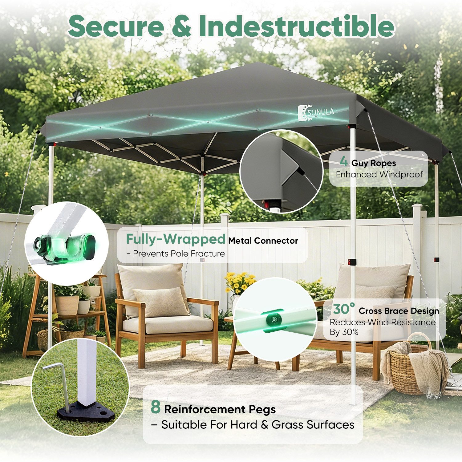 SUNULA Faltpavillon 3x3 m Pavillion Wasserdicht Pop Up Gartenpavillon Winterfest, mit 0 Seitenteilen, Wetterfester Schutz, Leichter Aufbau, Inklusive Tragetasch – Bild 5 von 5