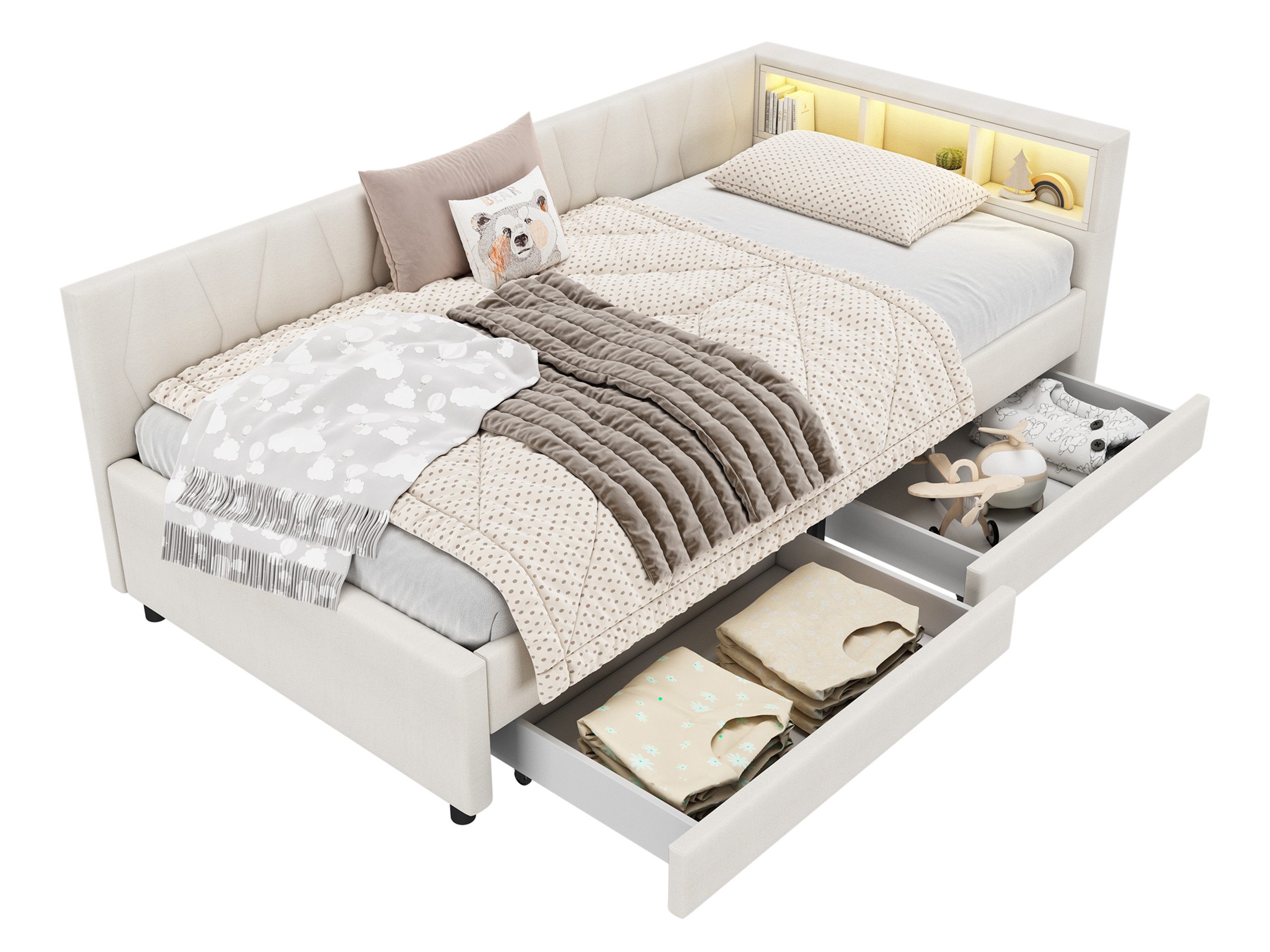 SeedWave Daybett Polsterbett mit Schubladen, Leinenbezug, LED-Beleuchtung, Ladefunktion, 90x200cm Stauraumbett mit Schubladen und Regalfächern