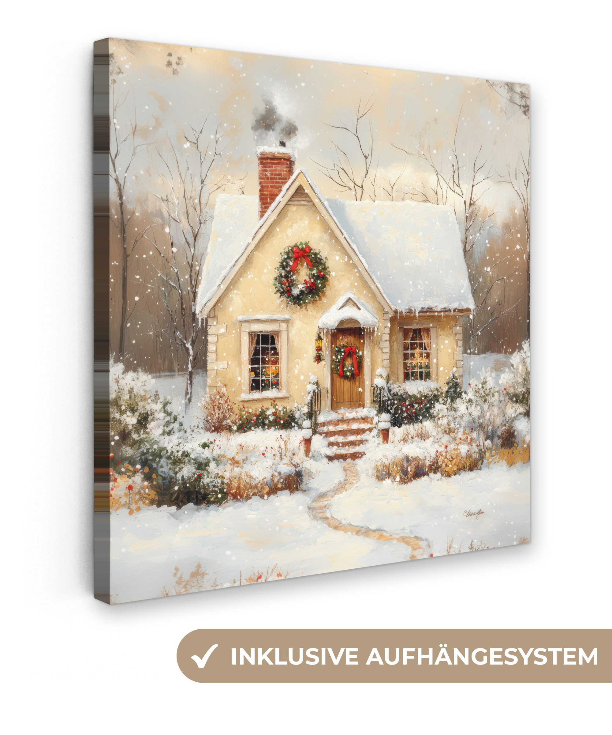 OneMillionCanvasses® Leinwandbild Weihnachten - Zuhause - Winter - Schnee, Fotodruck (1 St), Wandbild, Deko Schlafzimmer Wohnzimmer Flur 20x20 cm