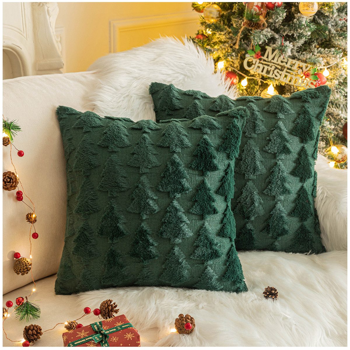 Qelus Подушкиbezüge Подушкиbezug Weihnachtsbaum Bestickt Zottelig Weihnachtskissen 45x45cm, (2 Stück)