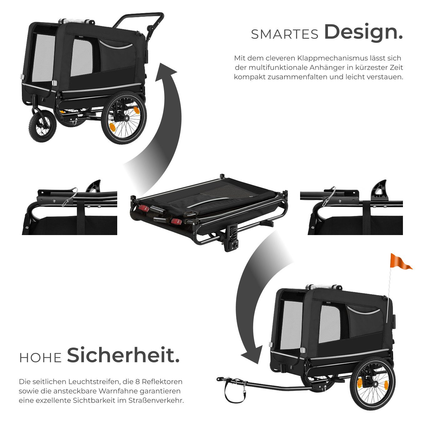 tectake Fahrradhundeanhänger Hundewagen 3in1 multifunktional mit Reflektoren, Leine und Warnfahne, mit Regenschutz, faltbar, gefedert, Belastbarkeit 40 kg, 240 Liter