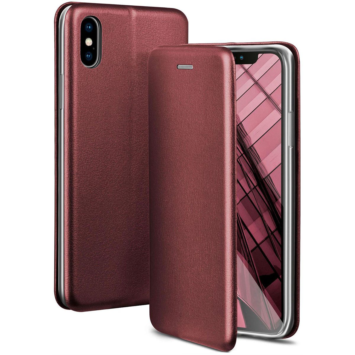 ONEFLOW Handyhülle für iPhone X Premium Hülle Business Cover Rot 5,8 Zoll, 360 Grad Schutzhülle Flip Case Etui Klapphülle Dünn Leder Handy Tasche