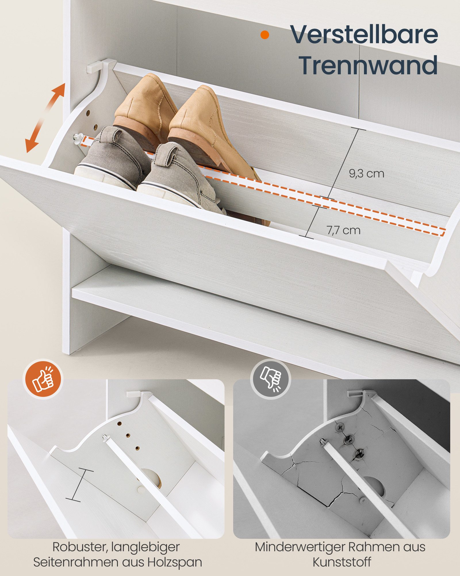 SONGMICS HOME Schuhschrank 2 Klappen, Schuhkipper schmal, Schuhaufbewahrung, 24x60x102,8 cm, weiß superschnelle werkzeuglose Montage, Trennwand verstellbar, mod – Bild 4 von 5