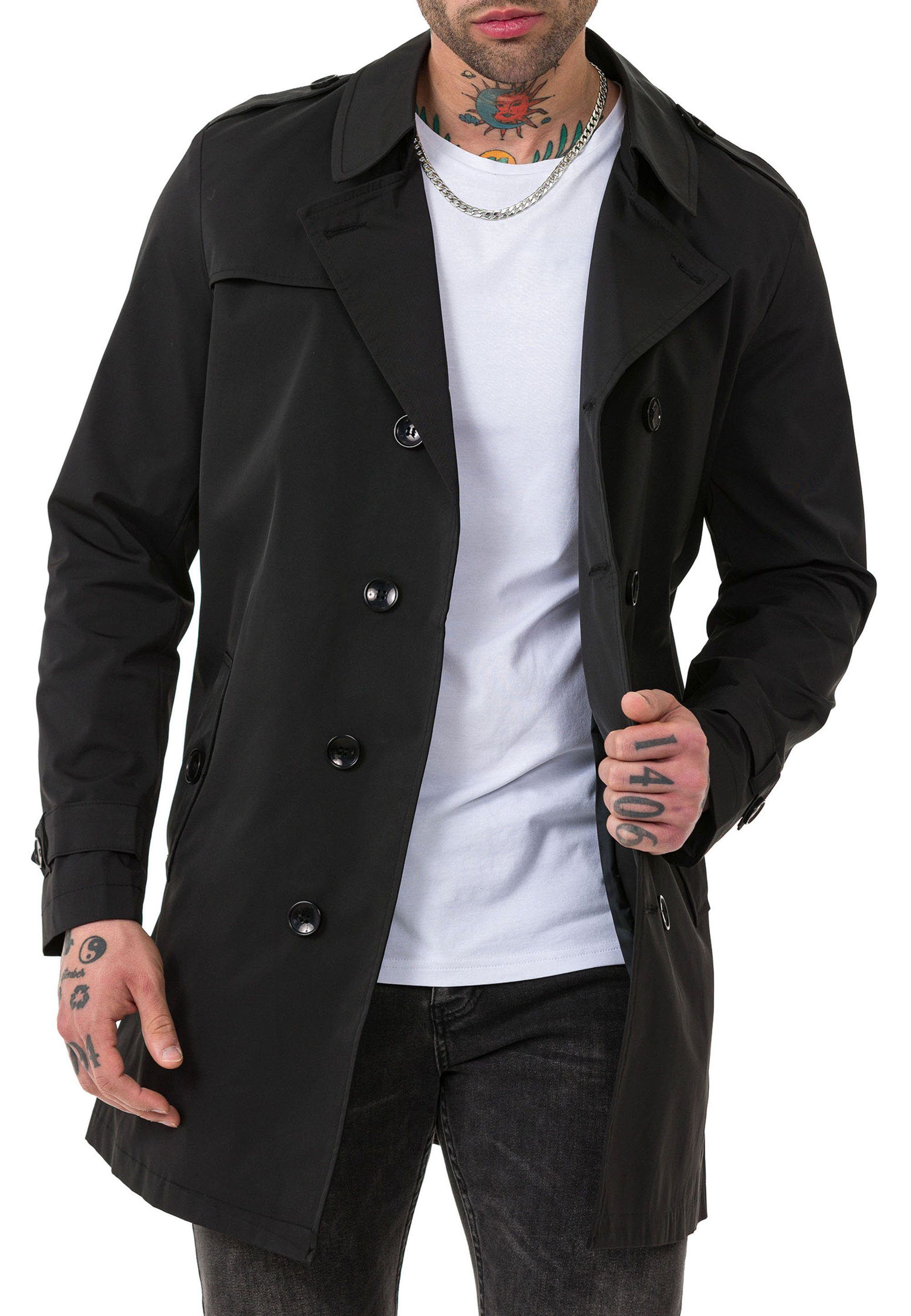 RedBridge Trenchcoat Mantel mit Gürtelschnalle Qualität Schwarz Premium
