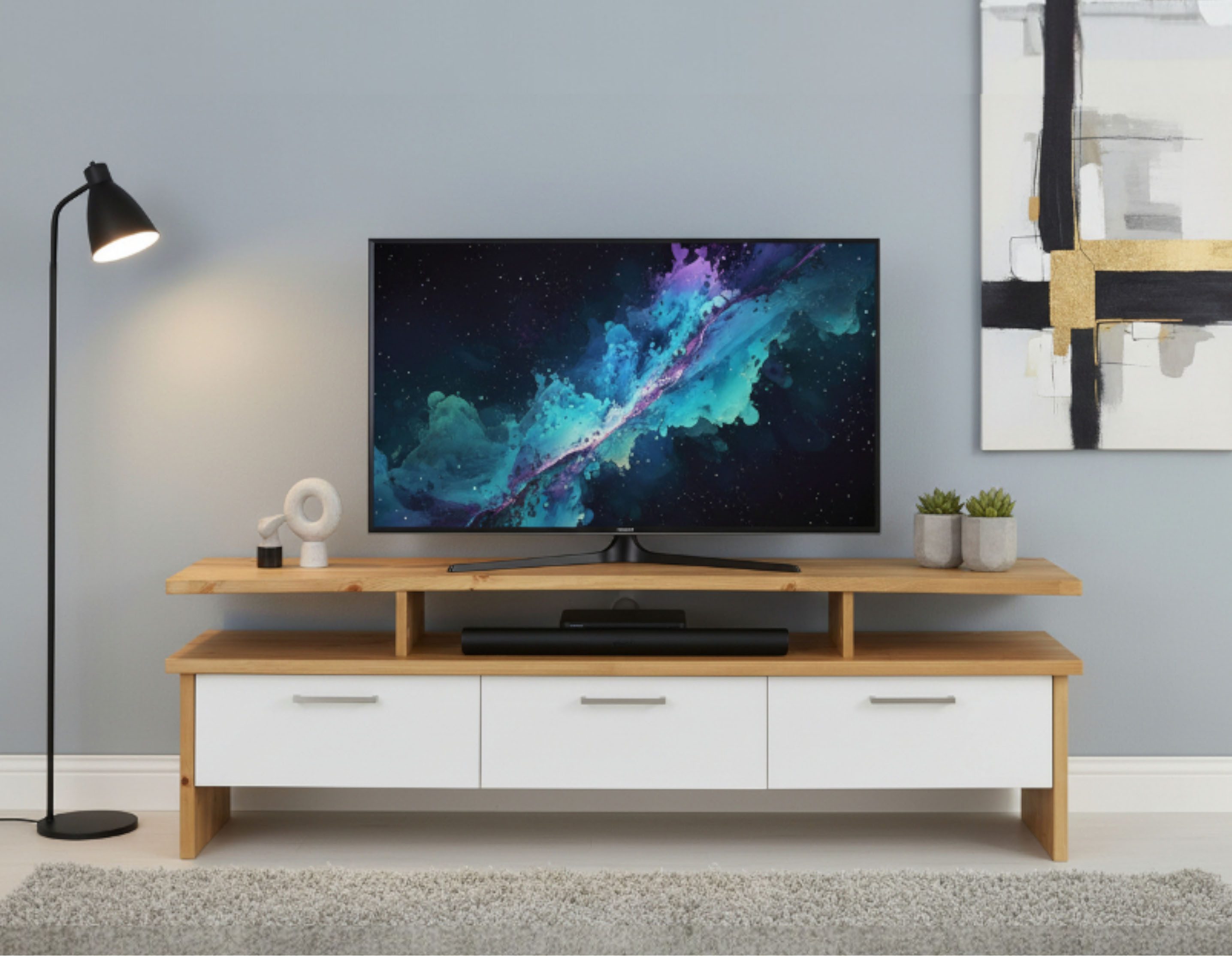 Home affaire TV-Board Ixo, TV-Kommode, TV-Bank aus Massivholz (Made in EU, Maße (B/T/H): 148/39/46 cm), Breite 148 cm, mit 3 Schubladen, aus masiver Kiefer, FSC®