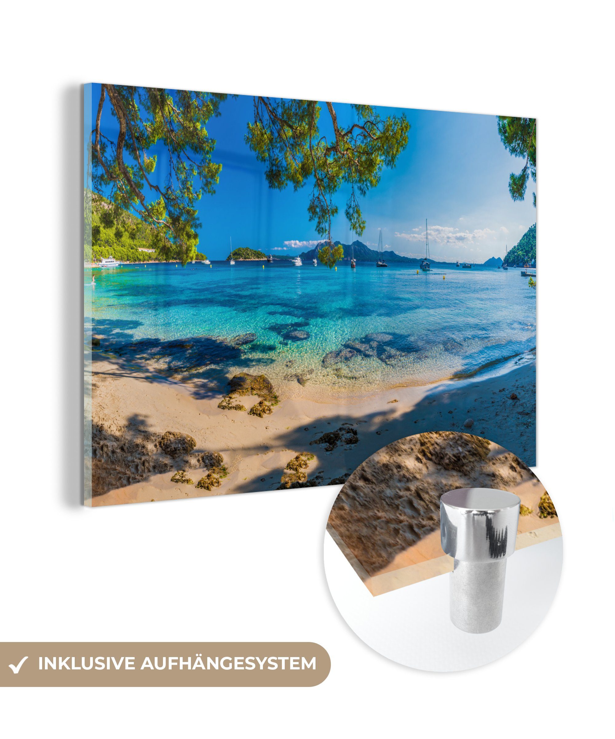 MuchoWow Acrylglasbild Strand - Meer - Boot - Mallorca, (1 St), Glasbilder - Bilder auf Glas Wandbild - Foto auf Glas - Wanddekoration