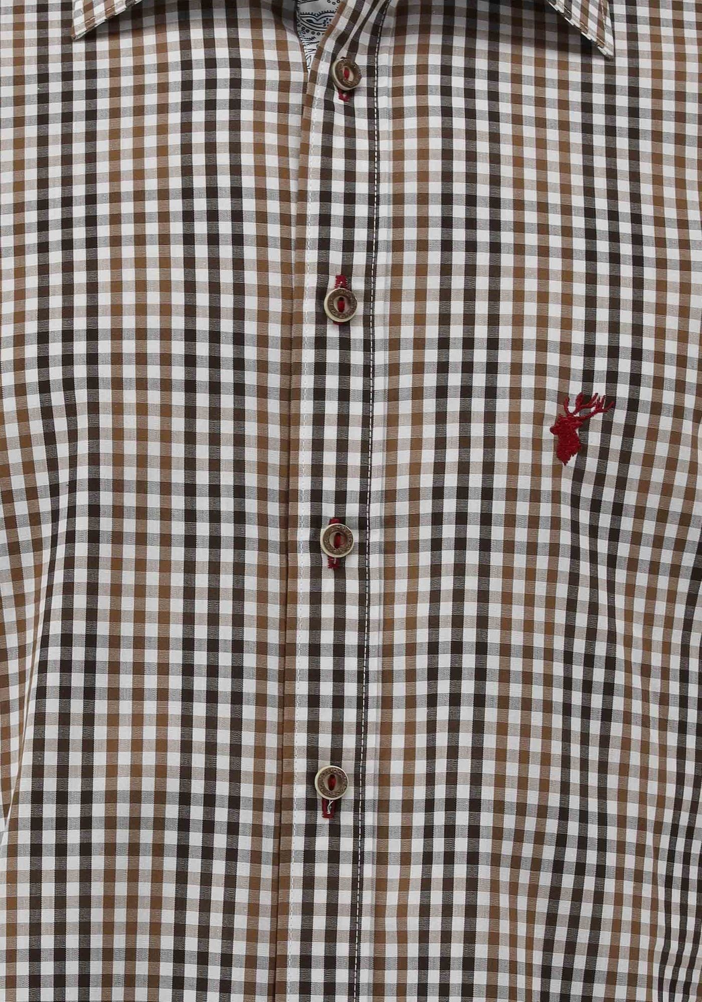 auf OS-Trachten Langarmhemd Stickerei mit Arkaya Brust Trachtenhemd der hellbraun