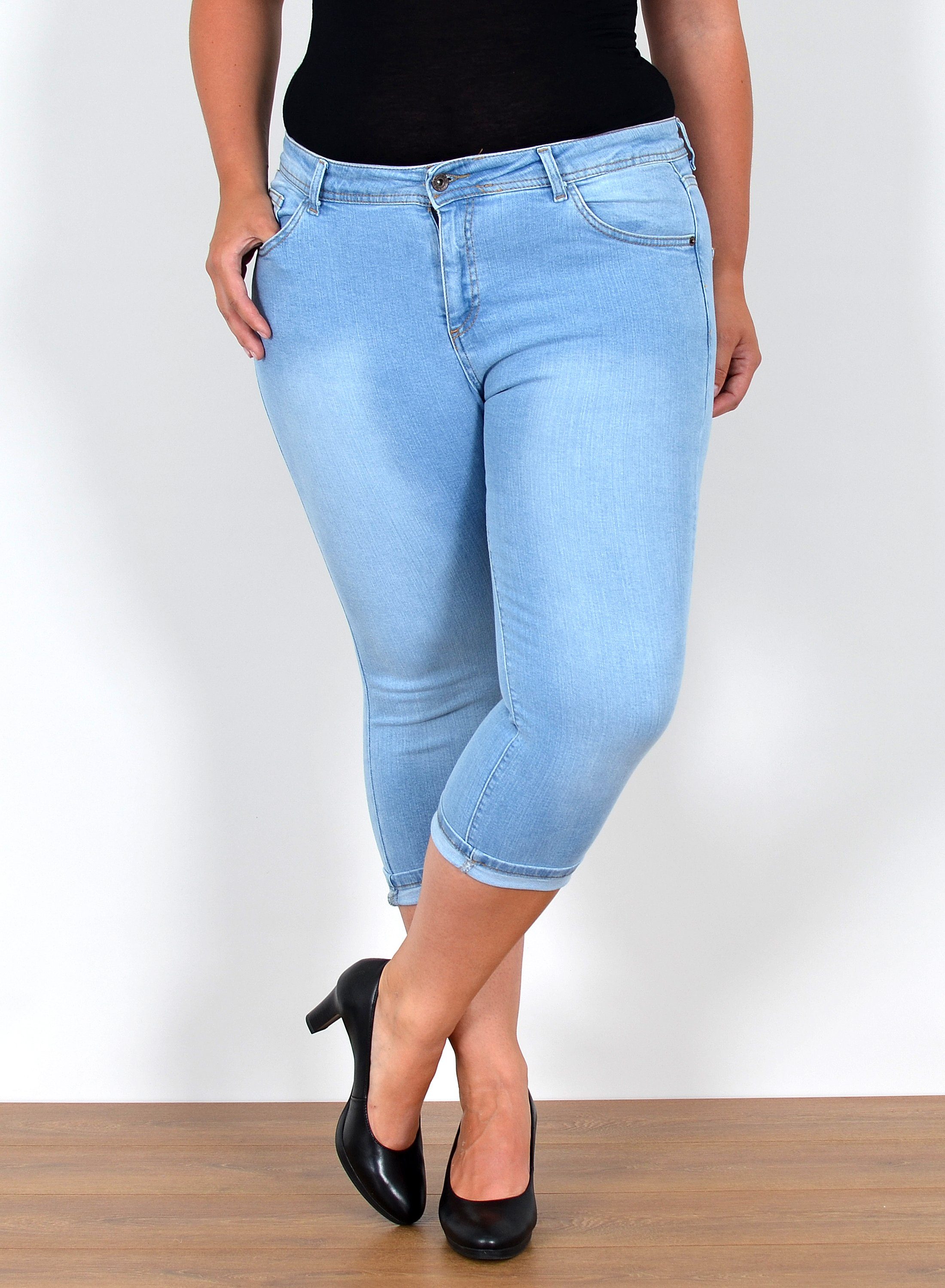 ESRA Caprijeans Capri Jeans Damen High Waist Hose 3 4 Jeans Damen Sommer bis Übergröße Sommer Damen Jeans Capri Hose Damen 3/4 Hose hoher Bund Große Größe